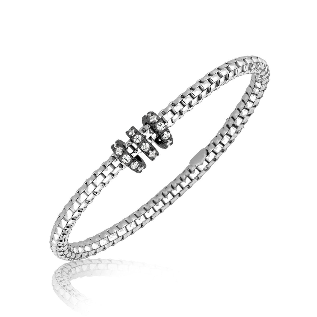Sterling Silver Rhodium Plated Mesh Slim Bangle with Crystal Studded Stations - LinkagejewelrydesignLinkagejewelrydesign