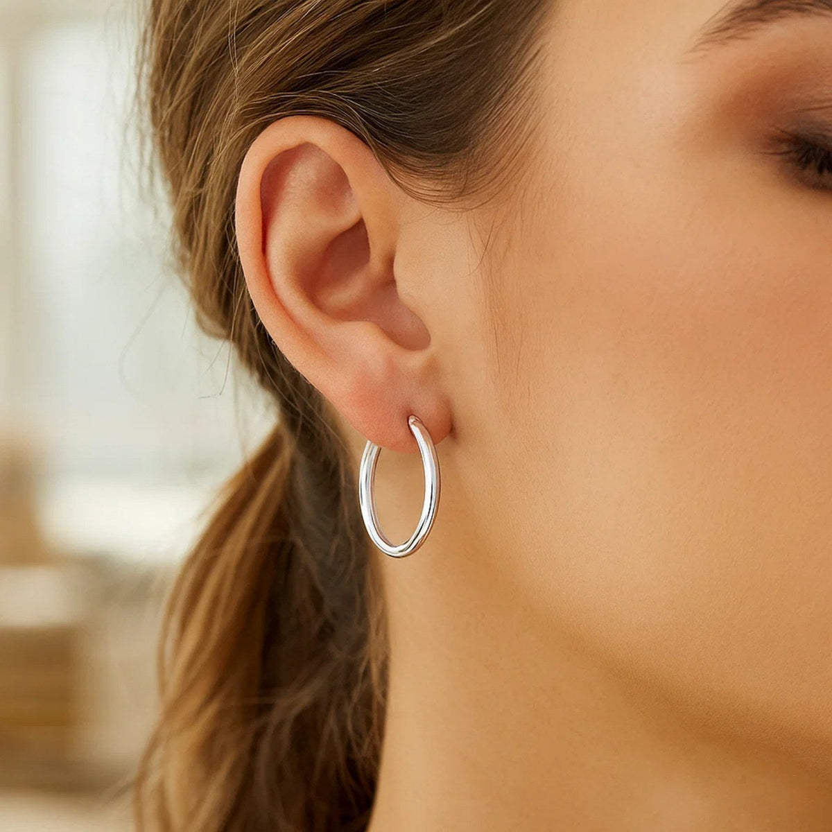 Sterling Silver Rhodium Plated Polished Look Hoop Earrings (25mm) - LinkagejewelrydesignLinkagejewelrydesign