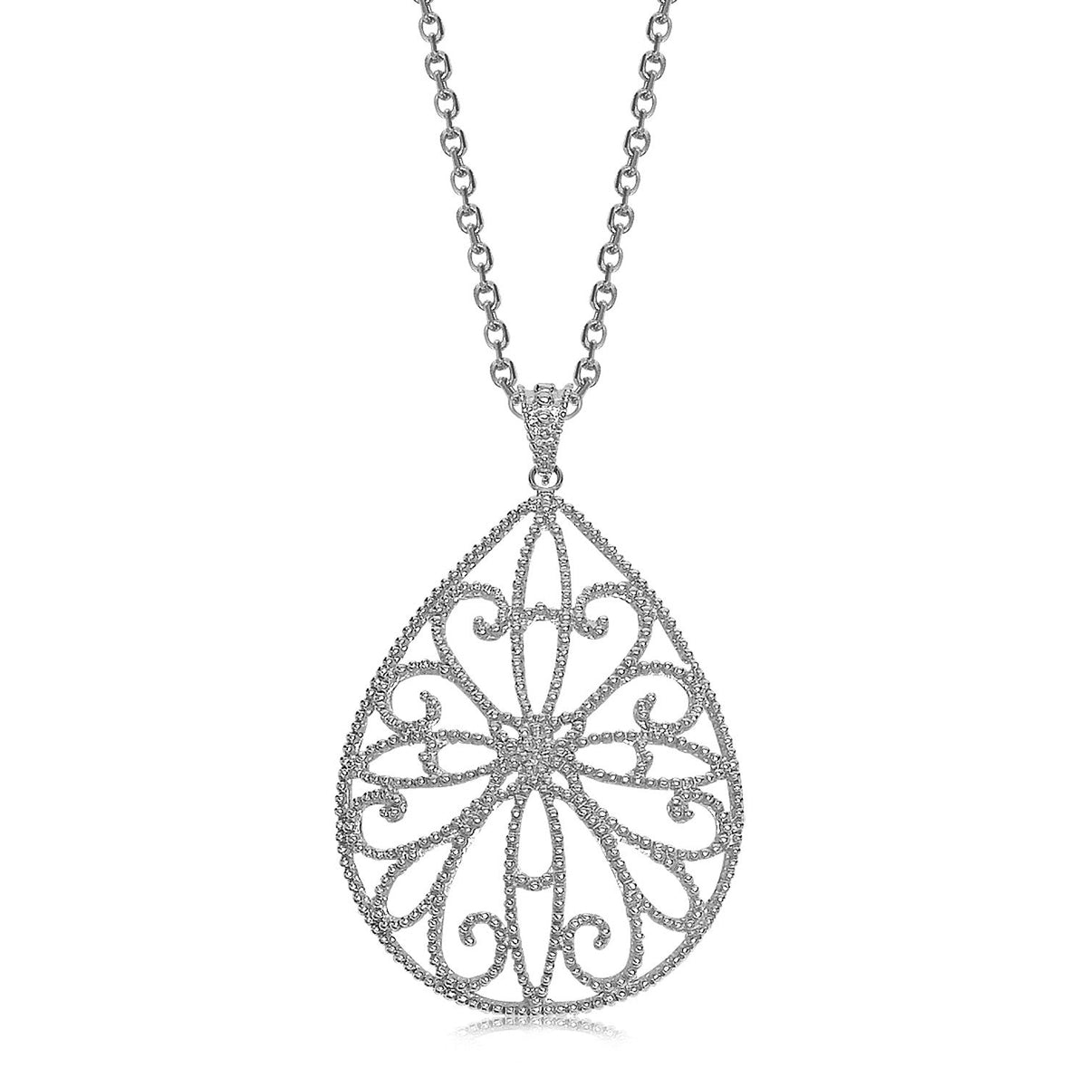 Sterling Silver Rhodium Plated Teardrop Shape Filigree Style Pendant - LinkagejewelrydesignLinkagejewelrydesign