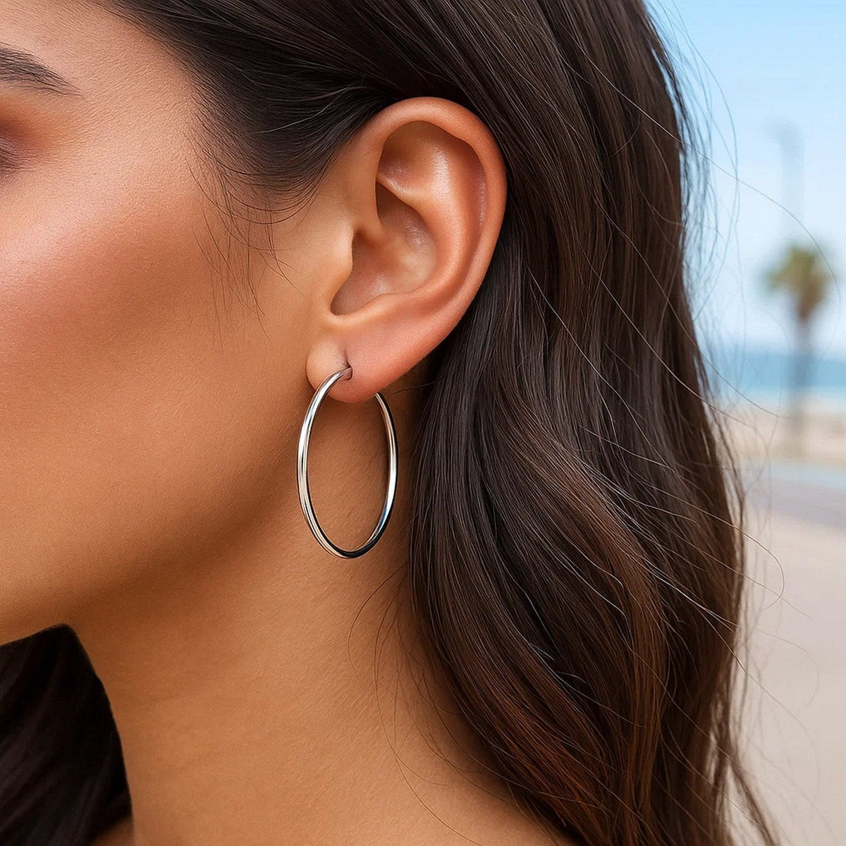 Sterling Silver Rhodium Plated Thin and Polished Hoop Style Earrings (2x35mm) - LinkagejewelrydesignLinkagejewelrydesign