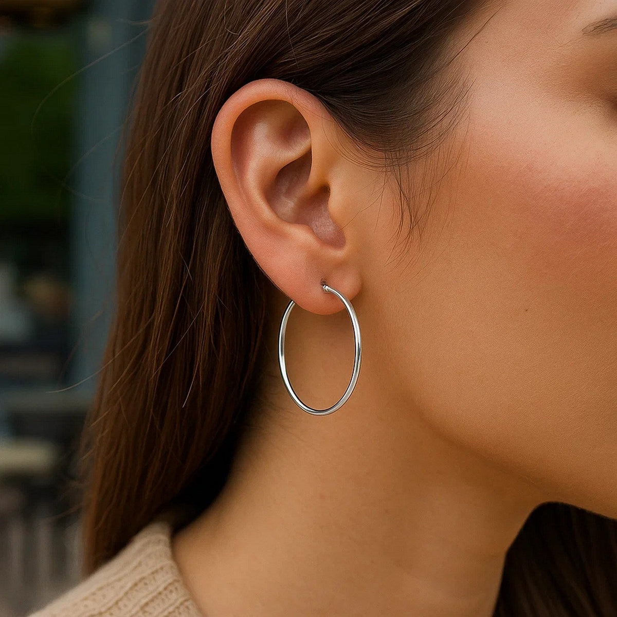 Sterling Silver Rhodium Plated Thin Large Polished Hoop Earrings (40mm) - LinkagejewelrydesignLinkagejewelrydesign