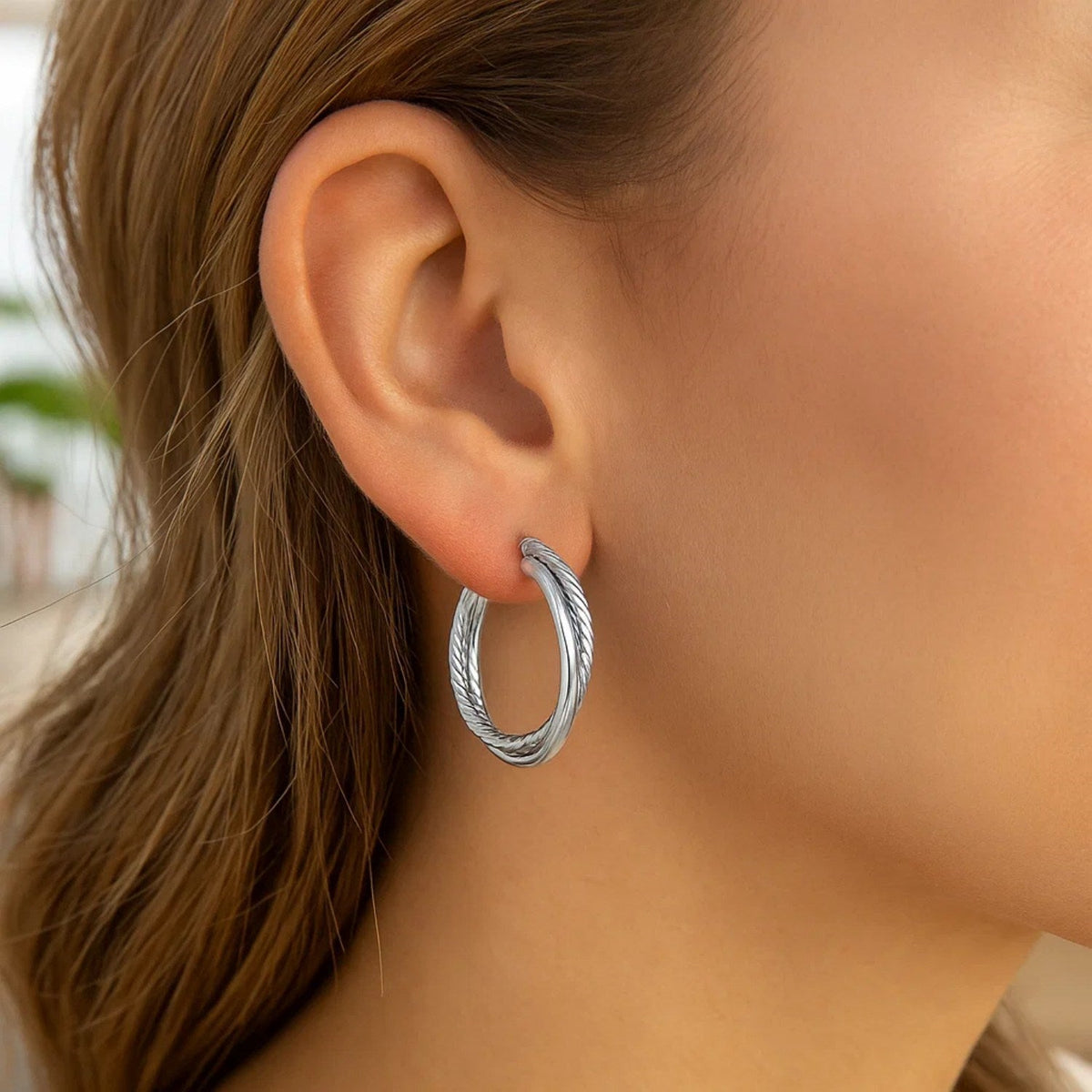 Sterling Silver Ridged Hoop Earrings with Textured Design - LinkagejewelrydesignLinkagejewelrydesign