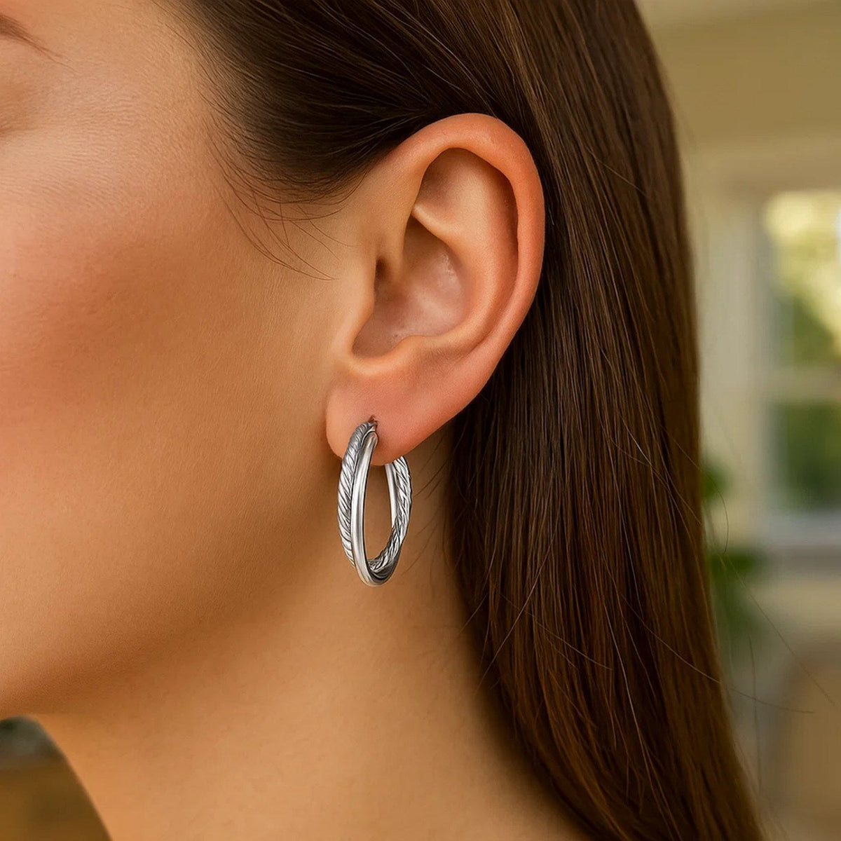 Sterling Silver Ridged Hoop Earrings with Textured Design - LinkagejewelrydesignLinkagejewelrydesign