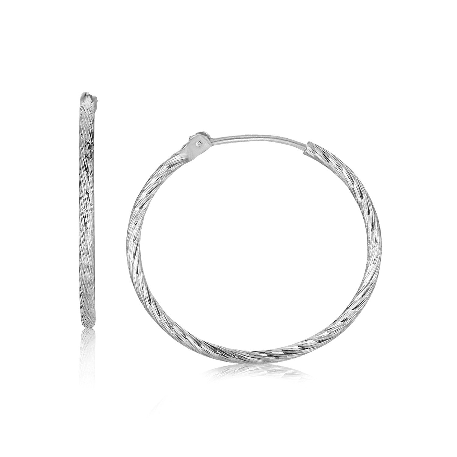 Sterling Silver Slim Rhodium Plated Hoop Diamond Cut Earrings (24mm) - LinkagejewelrydesignLinkagejewelrydesign