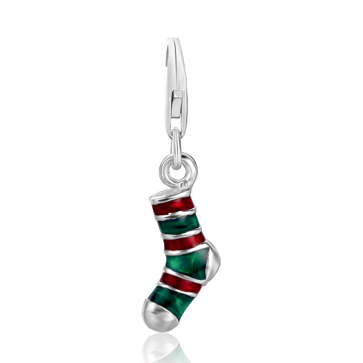 Sterling Silver Stocking Charm in Red and Green Enamel Coating - LinkagejewelrydesignLinkagejewelrydesign