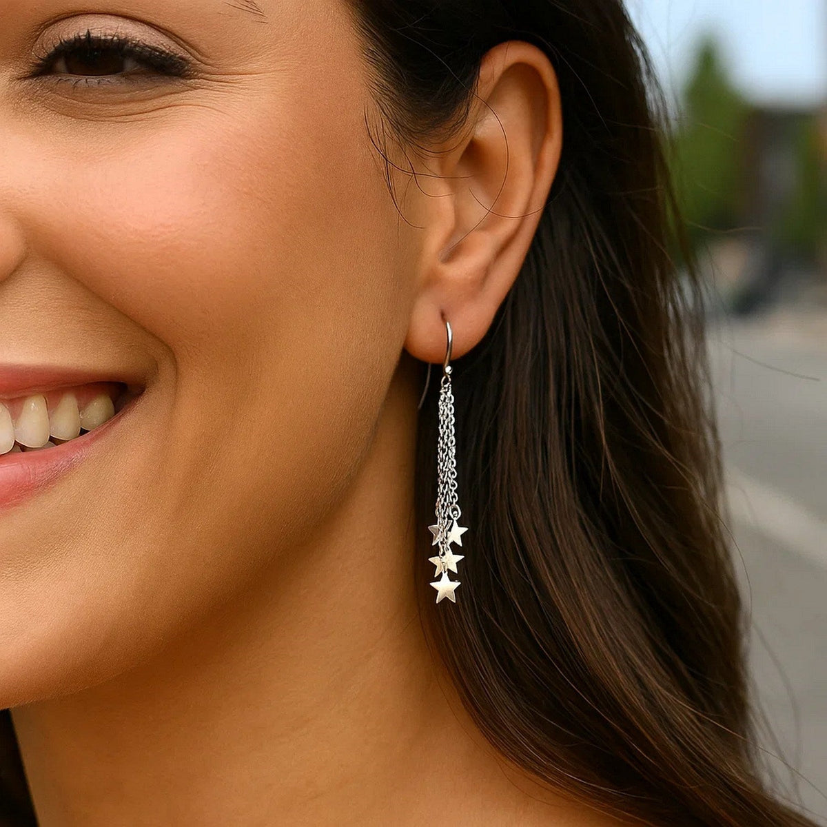 Sterling Silver Tassel Earrings with Polished Stars - LinkagejewelrydesignLinkagejewelrydesign