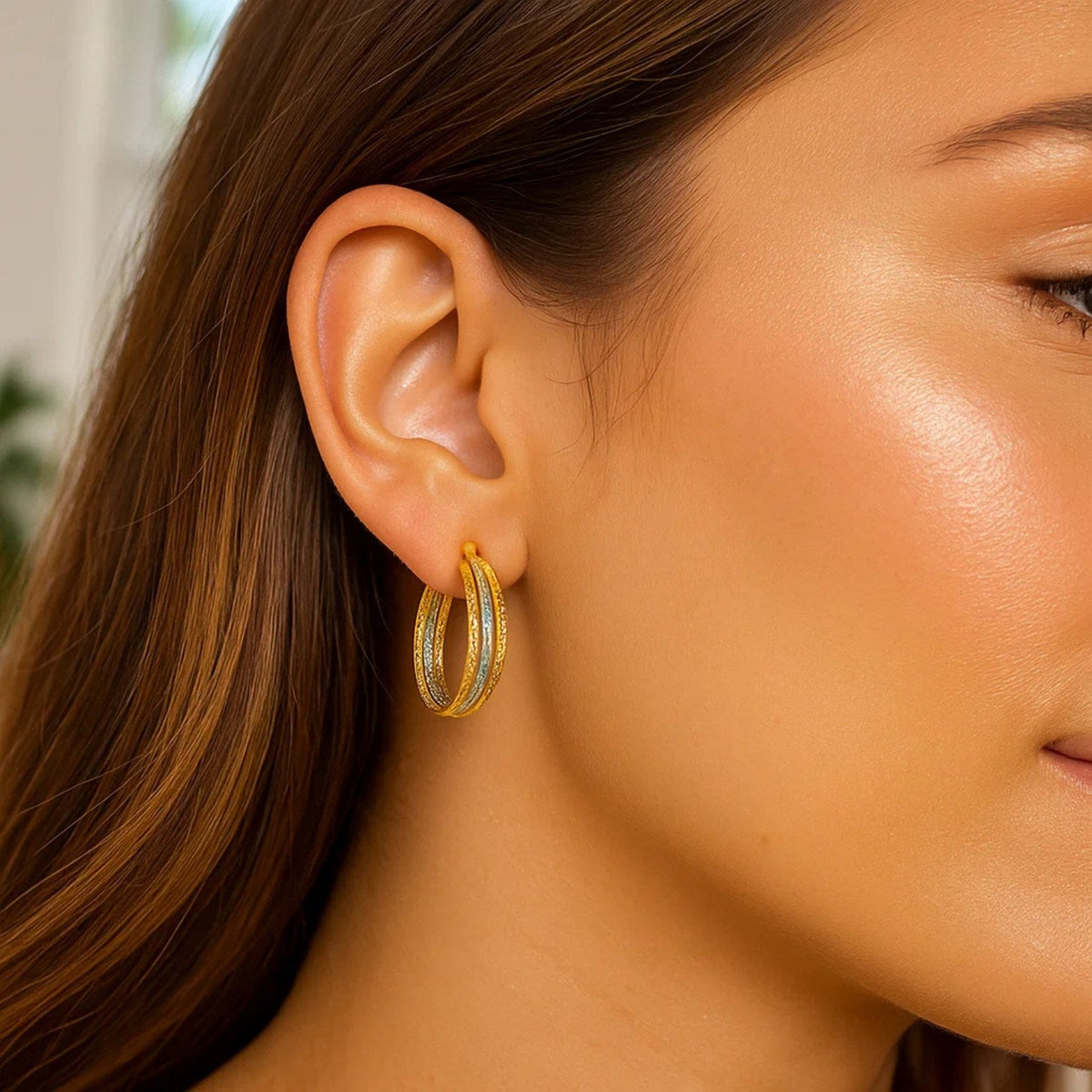 Three Part Textured Hoop Earrings in 14k Yellow and White Gold - LinkagejewelrydesignLinkagejewelrydesign