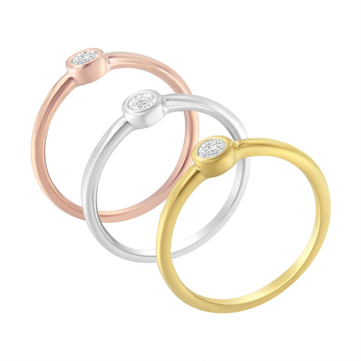 Tri - Color 14K Gold Plated .925 Sterling Silver 1/6 Cttw Round Miracle - Set Diamond Stacking Promise Ring Set (J - K Color, I1 - I2 Clarity) - LinkagejewelrydesignLinkagejewelrydesign