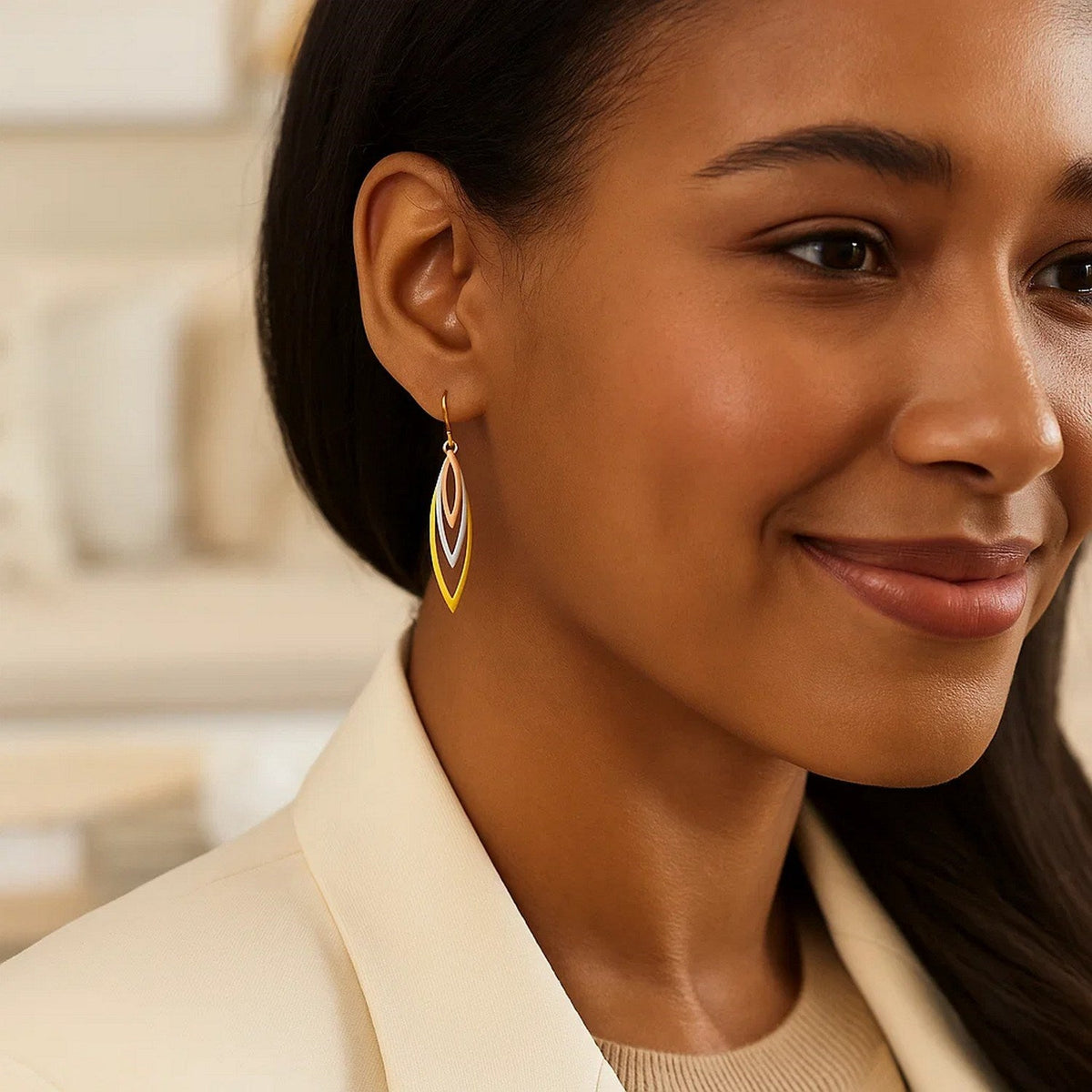 Tri - Tone Graduated Open Marquise Earrings in 10k Yellow, White, and Rose Gold - LinkagejewelrydesignLinkagejewelrydesign