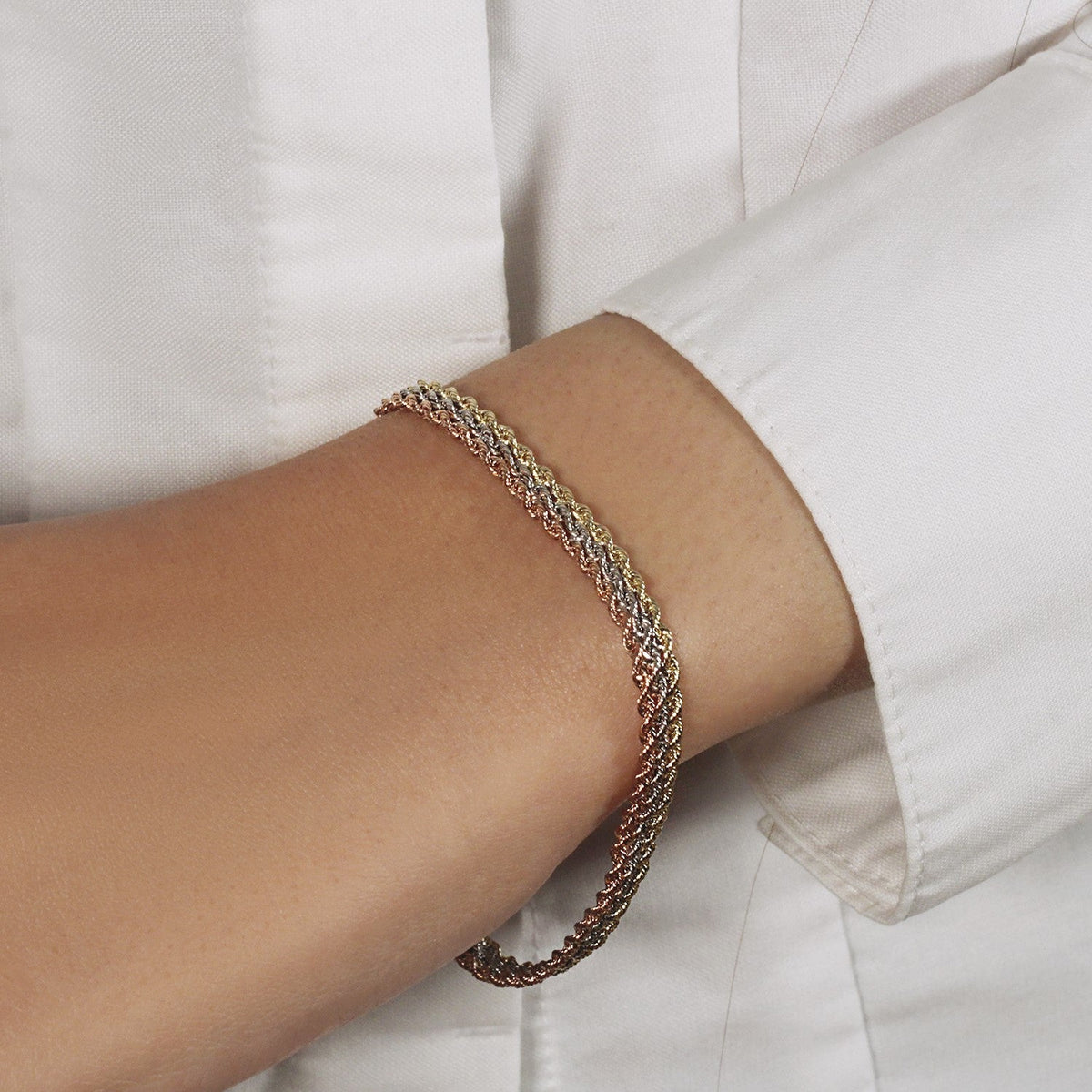 Tri - Toned Multi - Strand Rope Chain Bracelet in 10k Yellow, White, and Rose Gold (6.35 mm) - LinkagejewelrydesignLinkagejewelrydesign