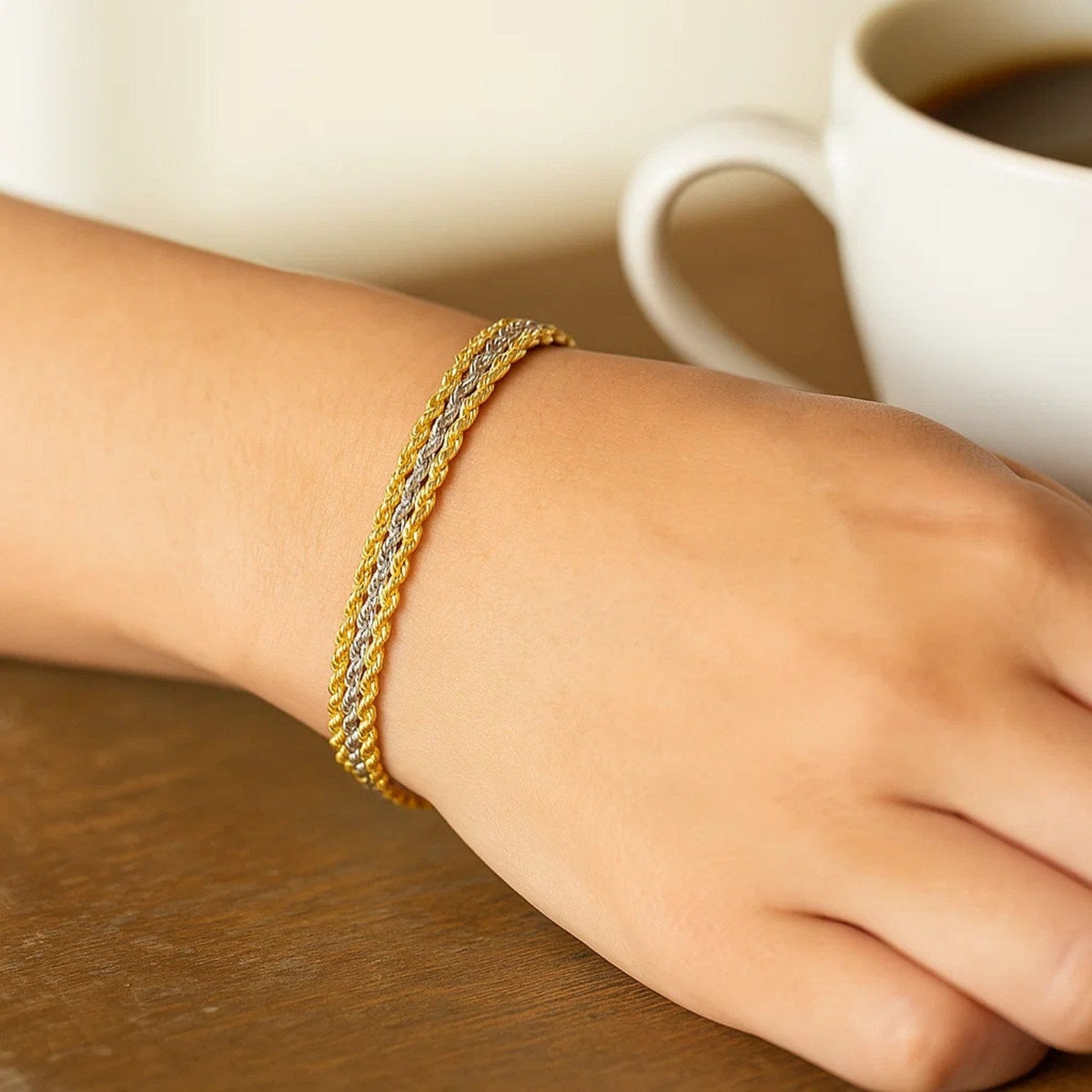 Triple Strand Rope Chain Bracelet in 10k Two Tone Gold (6.35 mm) - LinkagejewelrydesignLinkagejewelrydesign