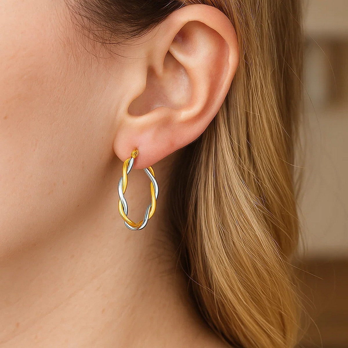 Two - Tone Twisted Wire Round Hoop Earrings in 10k Yellow and White Gold - LinkagejewelrydesignLinkagejewelrydesign