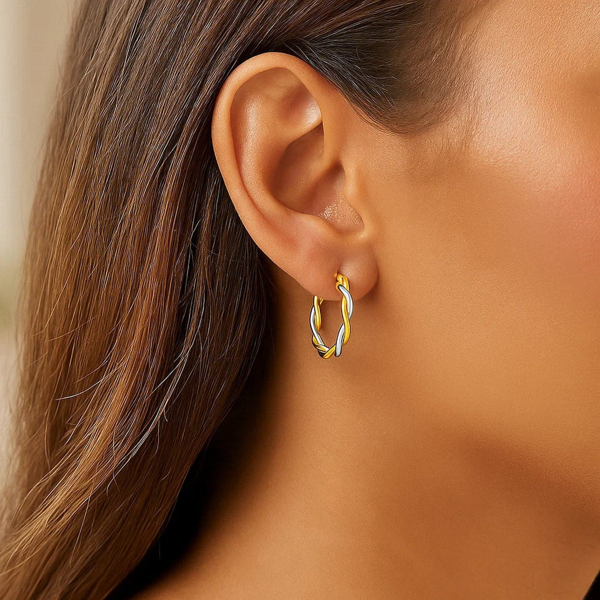 Two - Tone Twisted Wire Round Hoop Earrings in 10k Yellow and White Gold(3x15mm) - LinkagejewelrydesignLinkagejewelrydesign