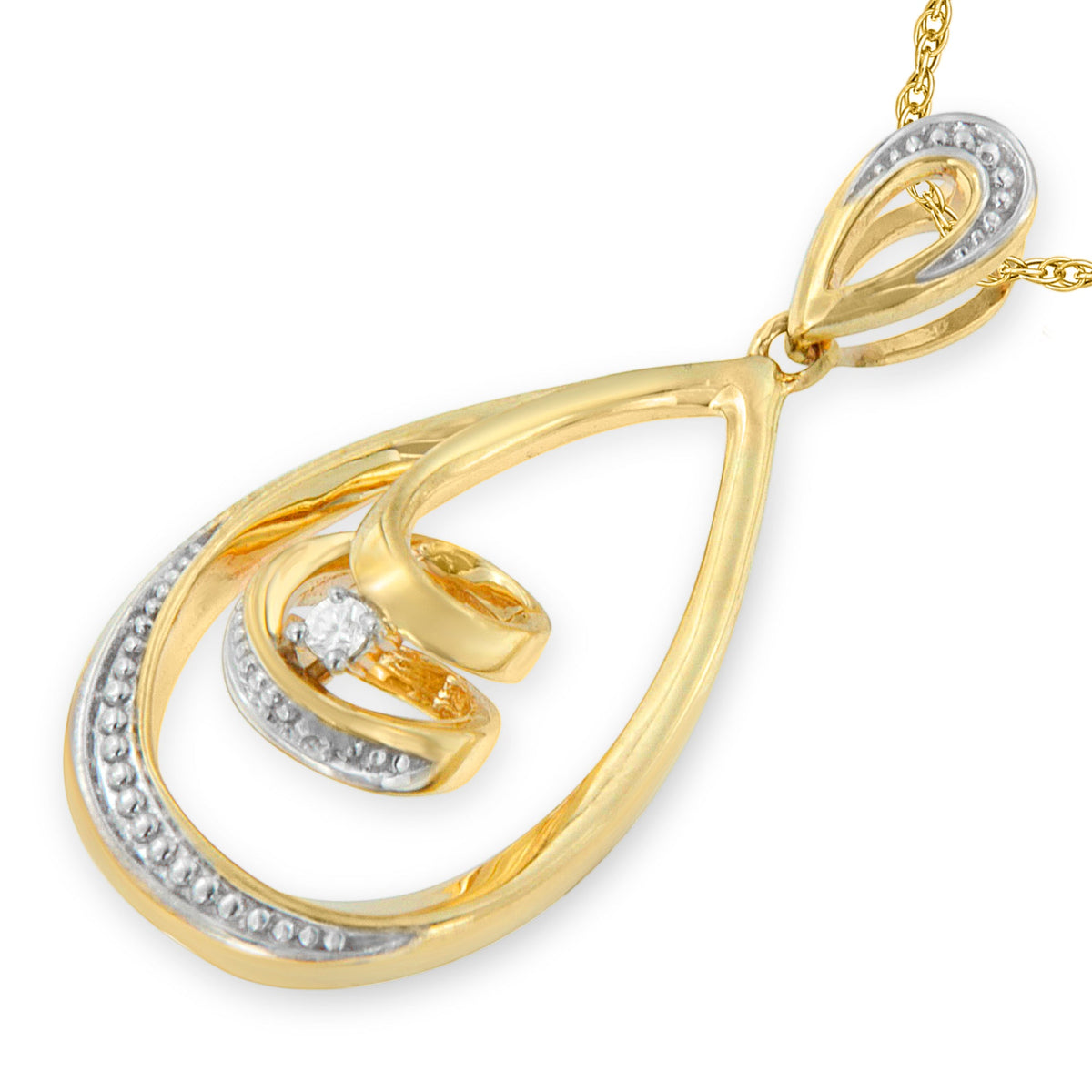 10K Gold Brilliant-Cut Diamond-Accented Open Teardrop Twisted Curl 18&quot; Pendant Necklace (J-K Color, I2-I3 Clarity) - Choice of Gold Colors (10K Yellow Gold) - LinkagejewelrydesignLinkagejewelrydesign