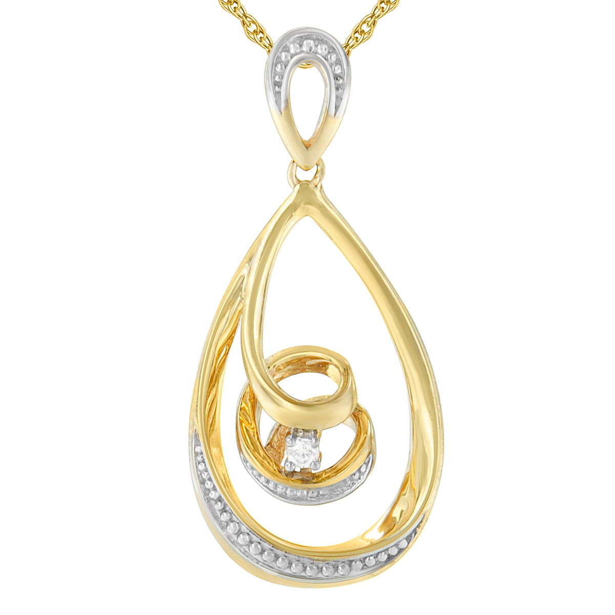 10K Gold Brilliant-Cut Diamond-Accented Open Teardrop Twisted Curl 18&quot; Pendant Necklace (J-K Color, I2-I3 Clarity) - Choice of Gold Colors (10K Yellow Gold) - LinkagejewelrydesignLinkagejewelrydesign