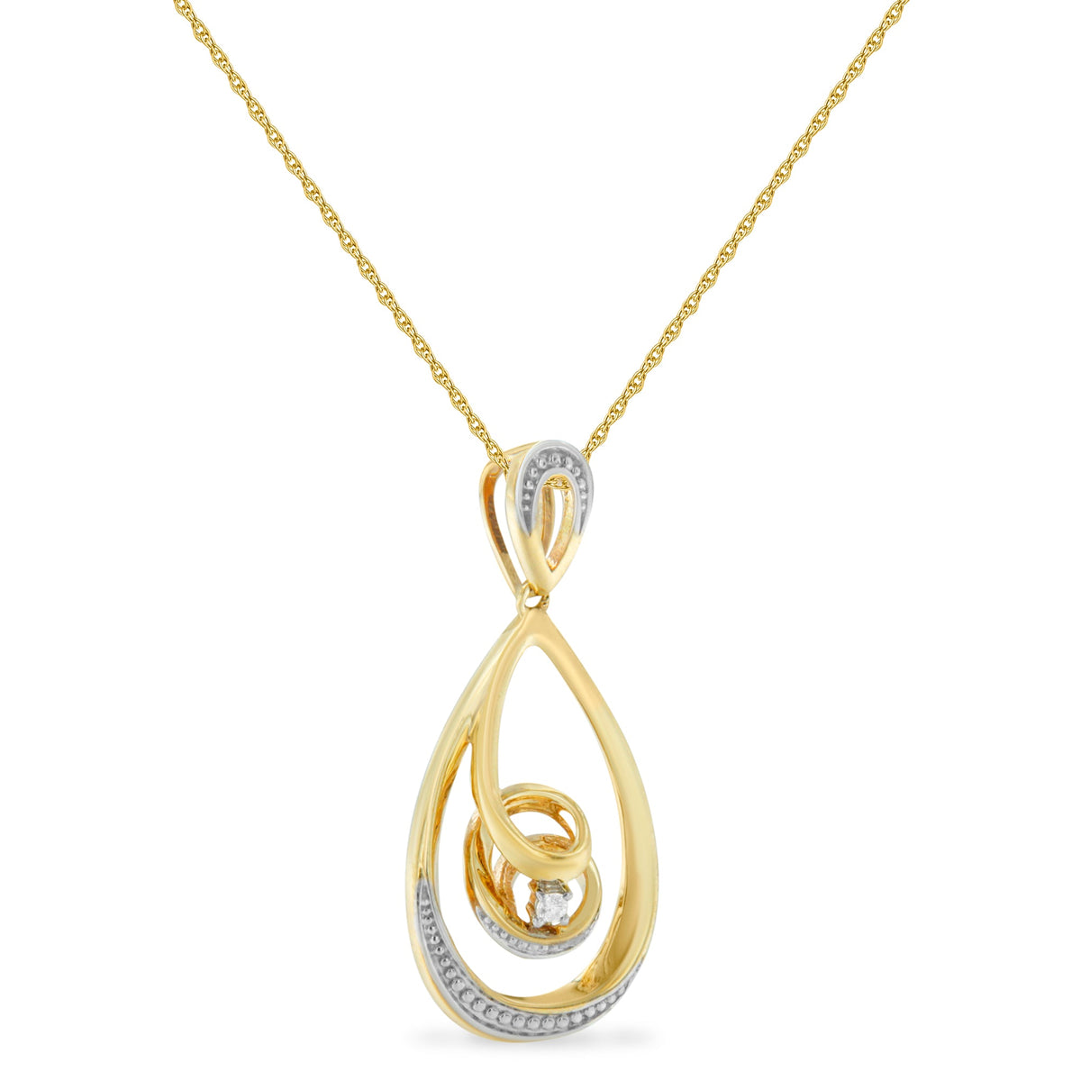 10K Gold Brilliant-Cut Diamond-Accented Open Teardrop Twisted Curl 18&quot; Pendant Necklace (J-K Color, I2-I3 Clarity) - Choice of Gold Colors (10K Yellow Gold) - LinkagejewelrydesignLinkagejewelrydesign