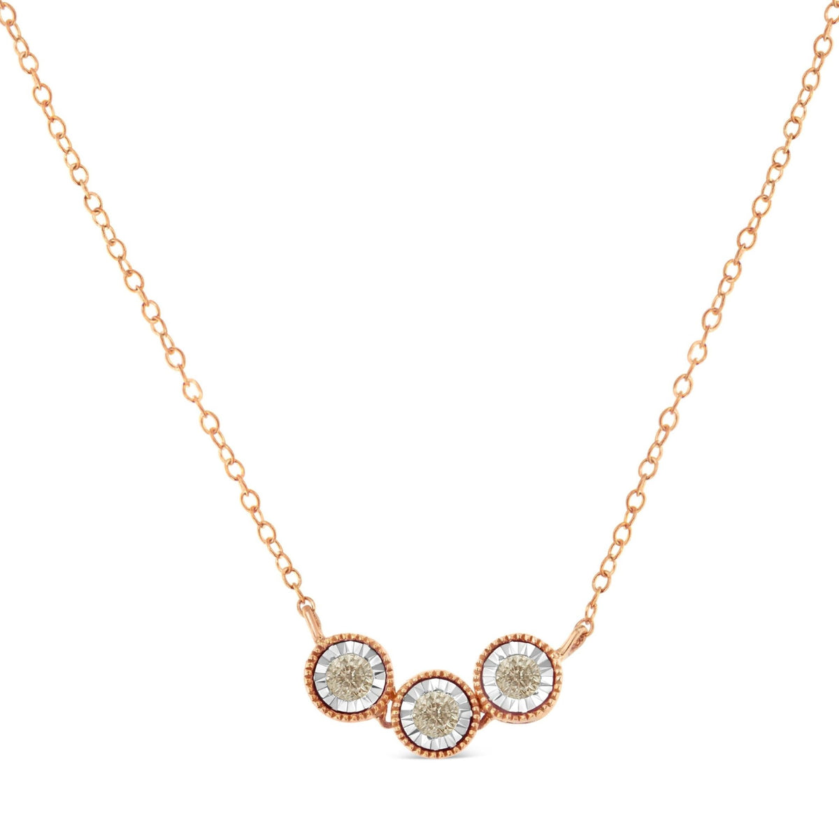 10K Rose and White Gold Plated .925 Sterling Silver 1/4 Cttw Miracle-Set Champagne Diamond Triple Circle 18&quot; Necklace (I2-I3 Clarity) - LinkagejewelrydesignLinkagejewelrydesign