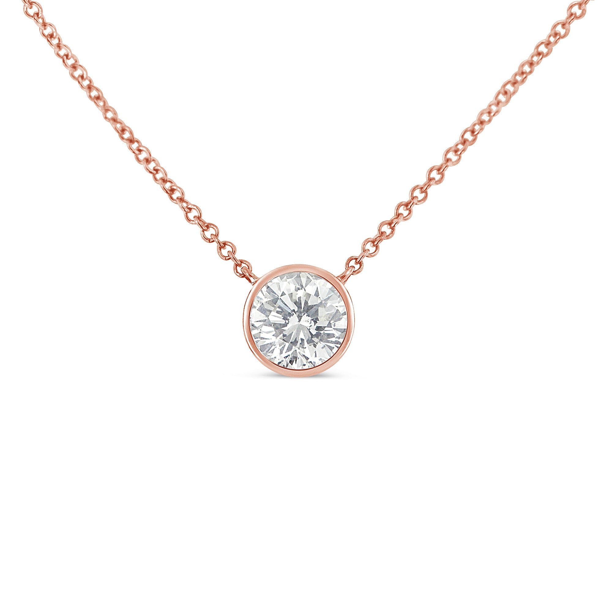 10K Rose Gold 1/2 Carat Round Brilliant-Cut Diamond Modern Bezel-Set Solitaire 16"-18" Pendant Necklace (H-I Color, SI2-I1 Clarity) - LinkagejewelrydesignLinkagejewelrydesign