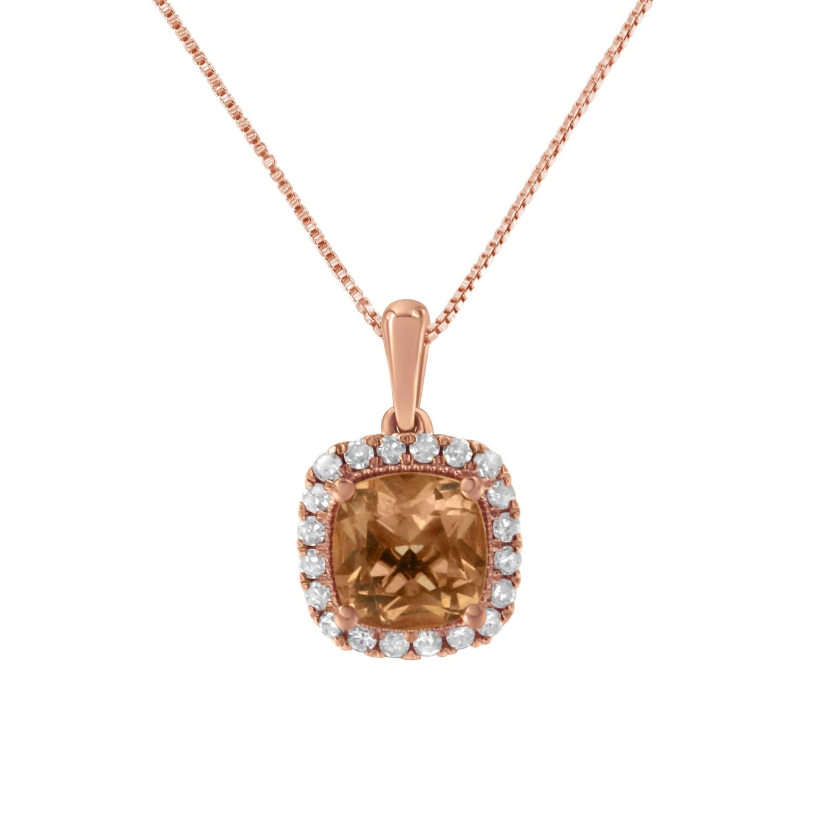 10K Rose Gold 1/4ct Diamond and 8MM Peach Morganite Gemstone Square Pendant (H-I, I1-I2) - LinkagejewelrydesignLinkagejewelrydesign