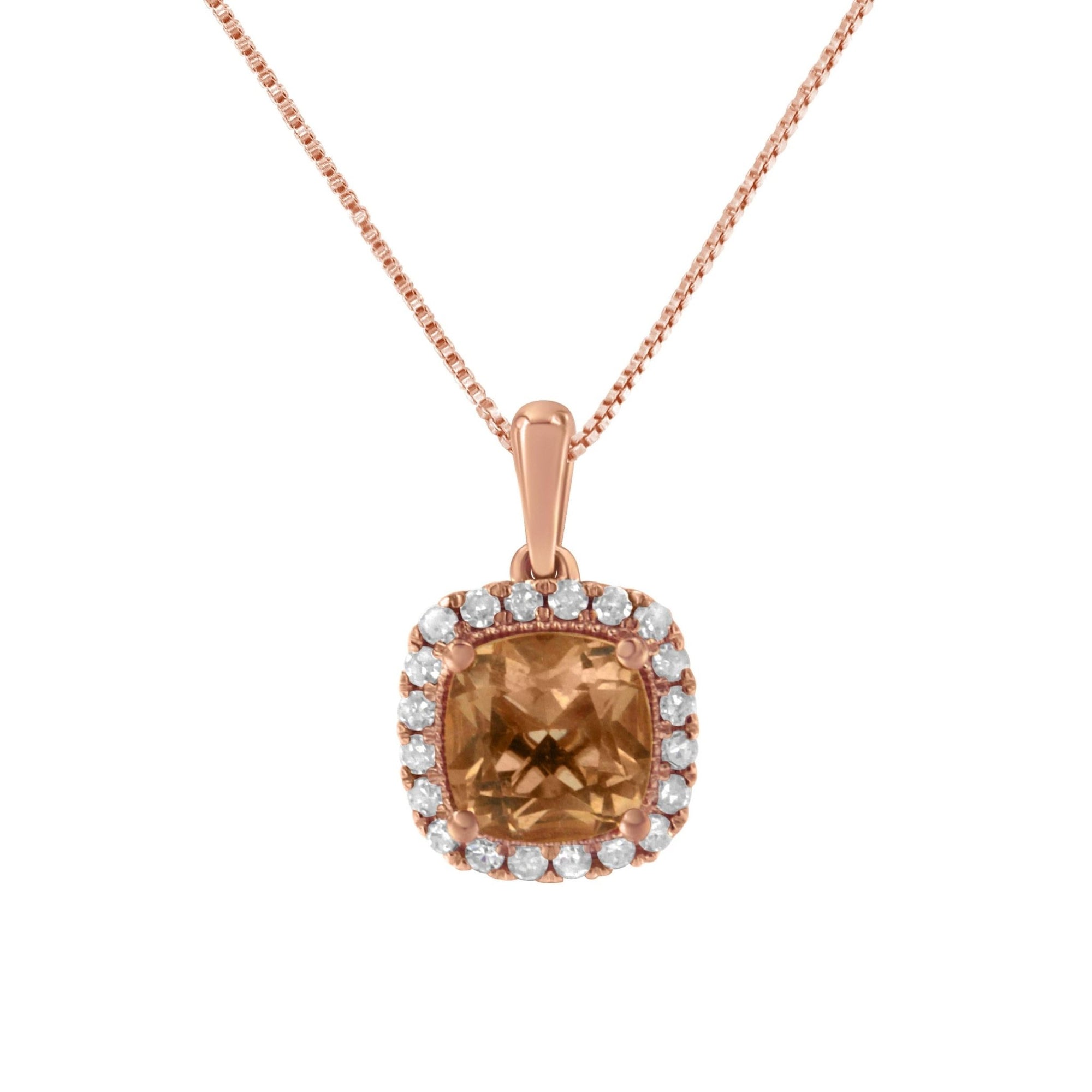 10K Rose Gold 1/4ct Diamond and 8MM Peach Morganite Gemstone Square Pendant (H-I, I1-I2) - LinkagejewelrydesignLinkagejewelrydesign