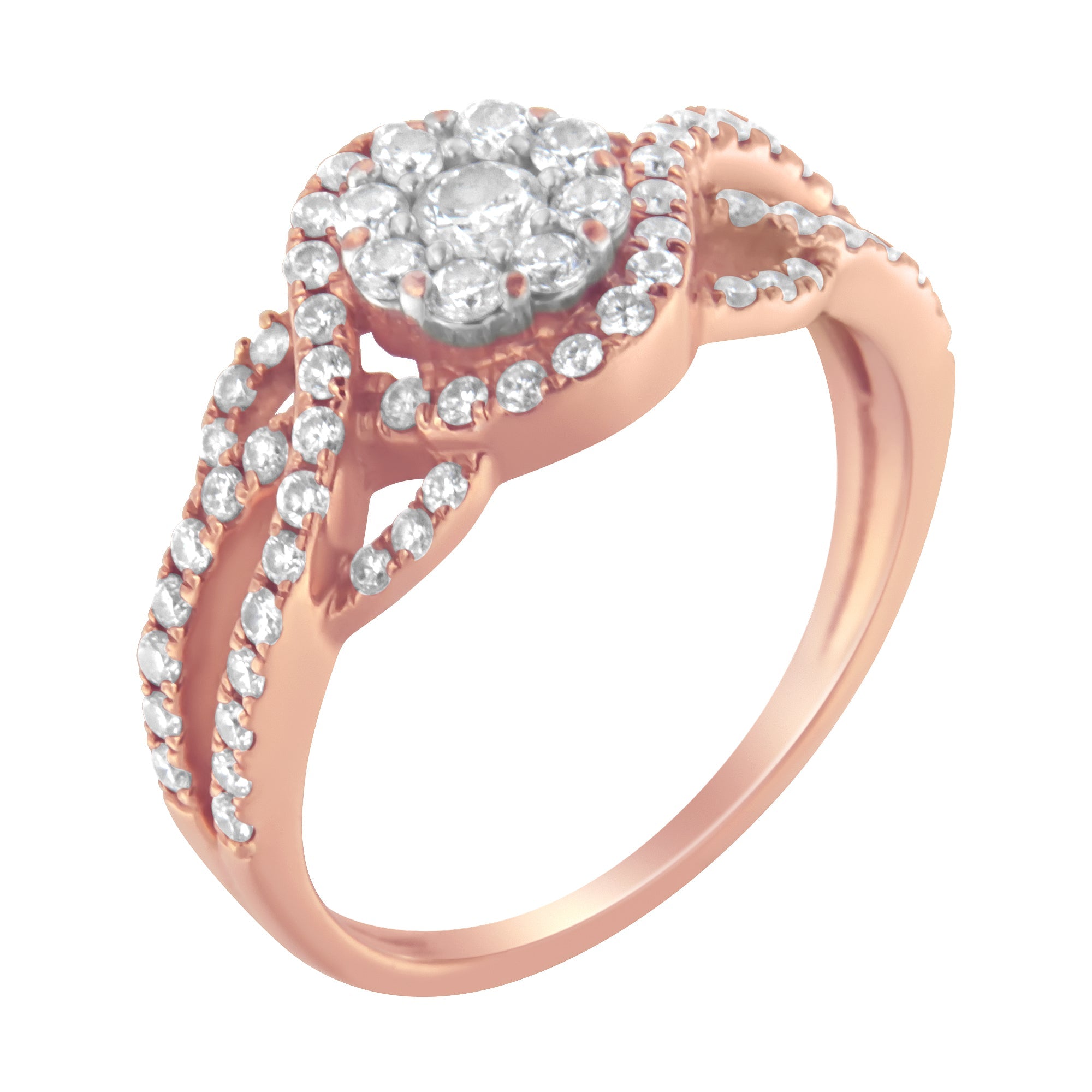 10K Rose Gold 3/4 Cttw Diamond Floral Cluster Head and Twisted Shank Cocktail Ring (H-I Color, SI1-SI2 Clarity)- Size 7 - LinkagejewelrydesignLinkagejewelrydesign