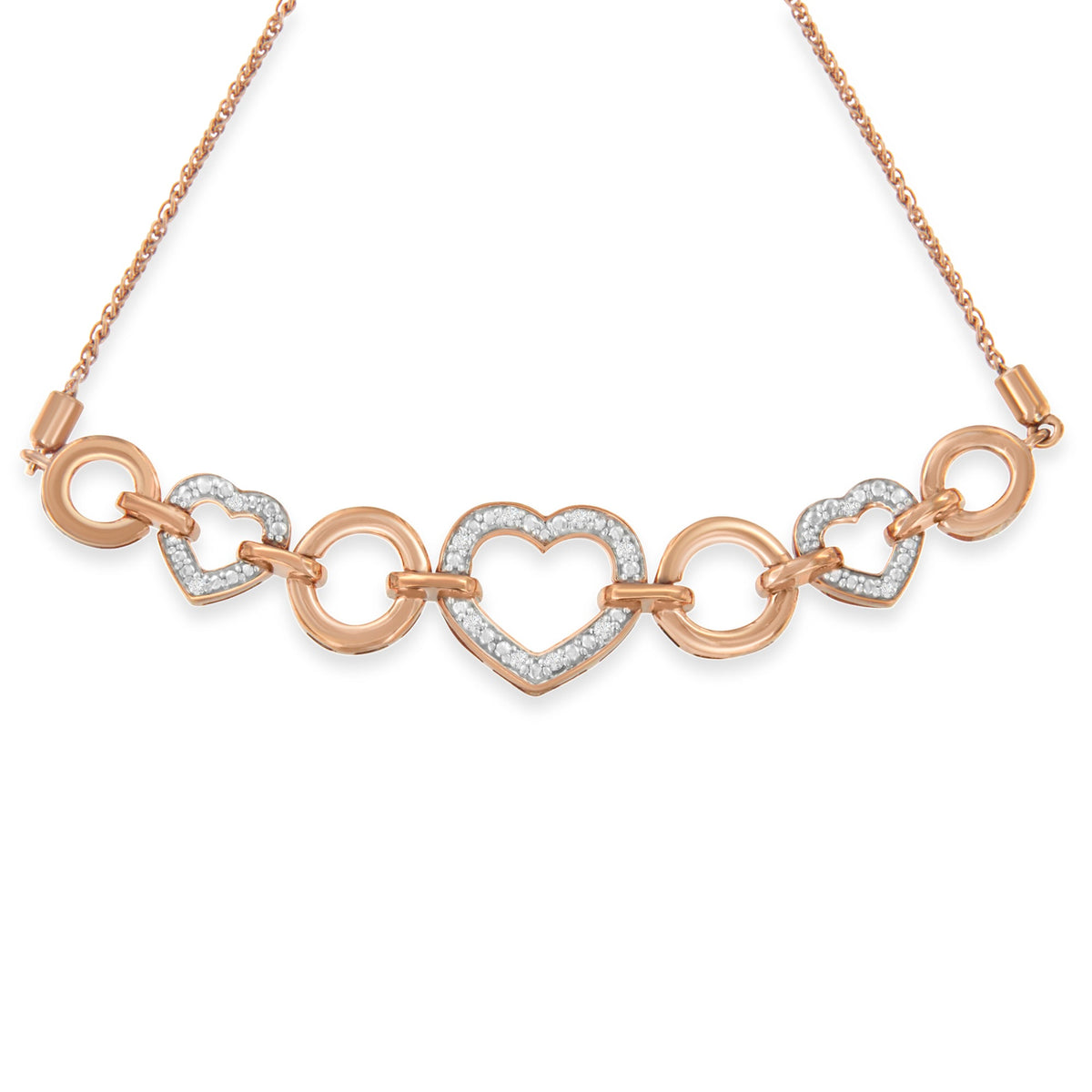 10K Rose Gold over .925 Sterling Silver 1/10 Cttw Round-Cut Diamond Heart Link Adjustable Bolo Bracelet (H-I Color, I2-I3 Clarity) - 6&quot;-9&quot; Adjustable - LinkagejewelrydesignLinkagejewelrydesign