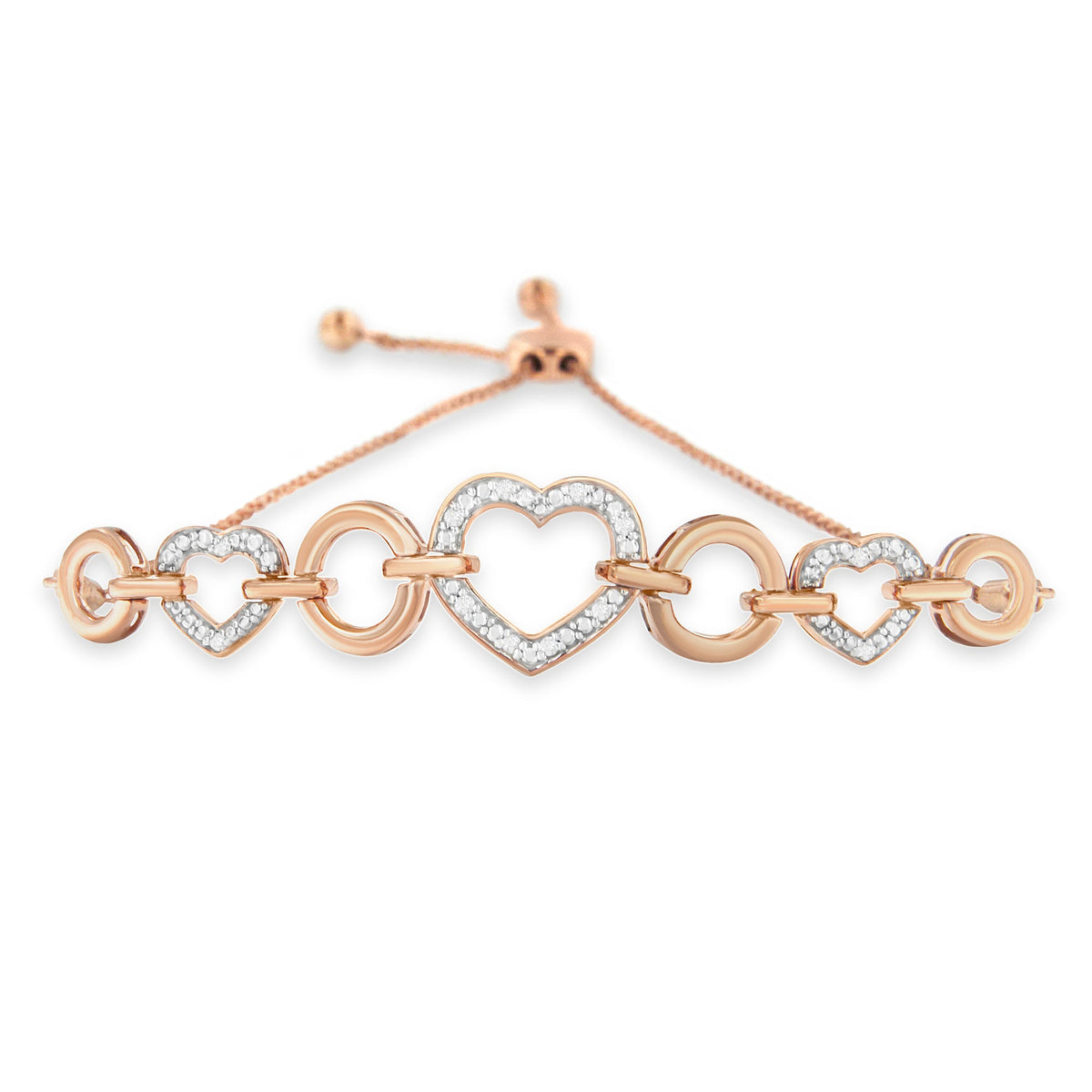 10K Rose Gold over .925 Sterling Silver 1/10 Cttw Round-Cut Diamond Heart Link Adjustable Bolo Bracelet (H-I Color, I2-I3 Clarity) - 6&quot;-9&quot; Adjustable - LinkagejewelrydesignLinkagejewelrydesign