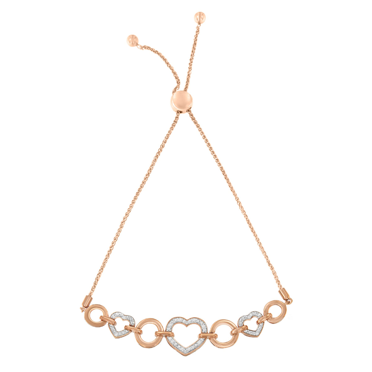 10K Rose Gold over .925 Sterling Silver 1/10 Cttw Round-Cut Diamond Heart Link Adjustable Bolo Bracelet (H-I Color, I2-I3 Clarity) - 6&quot;-9&quot; Adjustable - LinkagejewelrydesignLinkagejewelrydesign