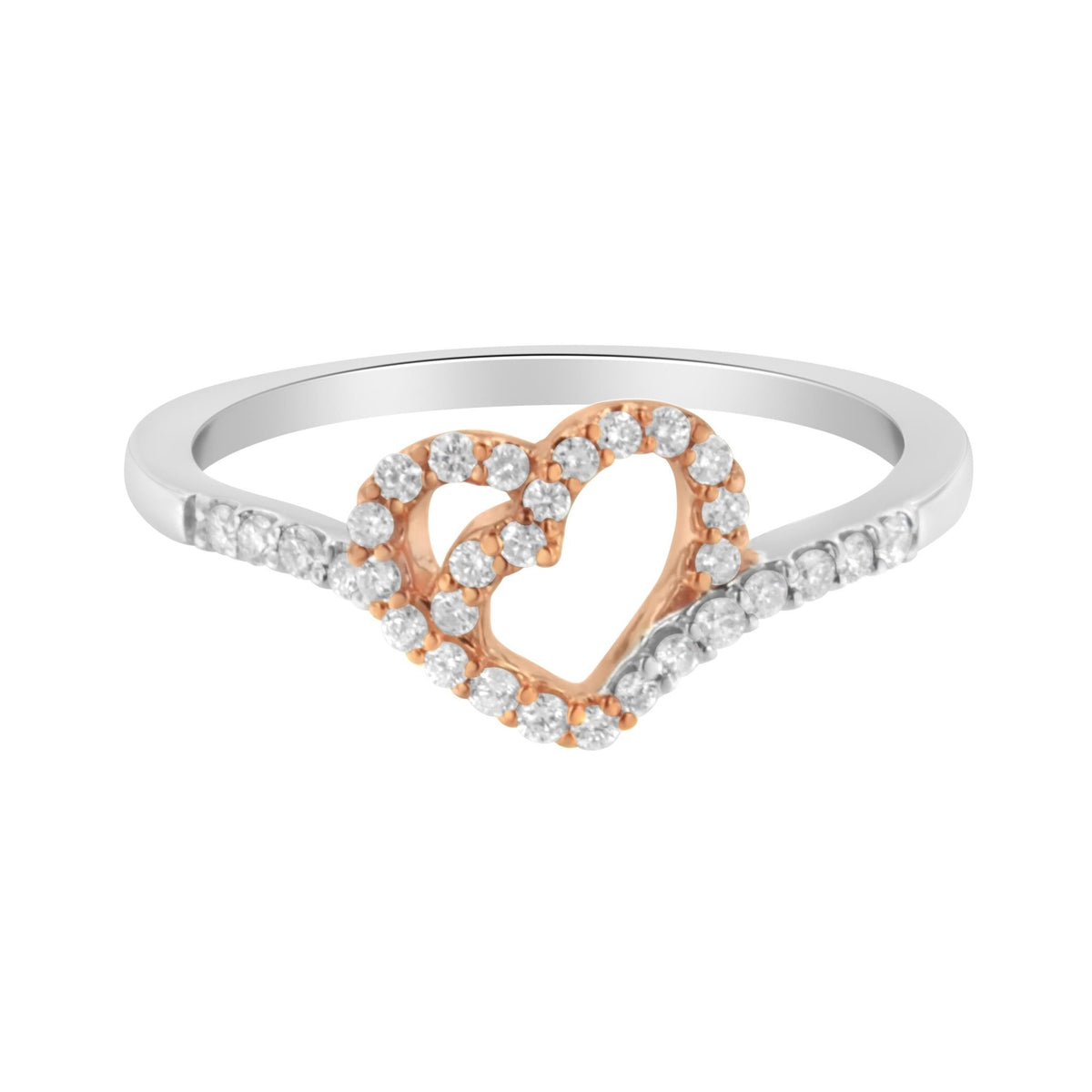 10K Rose Gold over .925 Sterling Silver 1/5 Cttw Diamond Two Tone Open Heart Promise or Fashion Ring (I-J Color, I2-I3 Clarity) - Size 6 - LinkagejewelrydesignLinkagejewelrydesign