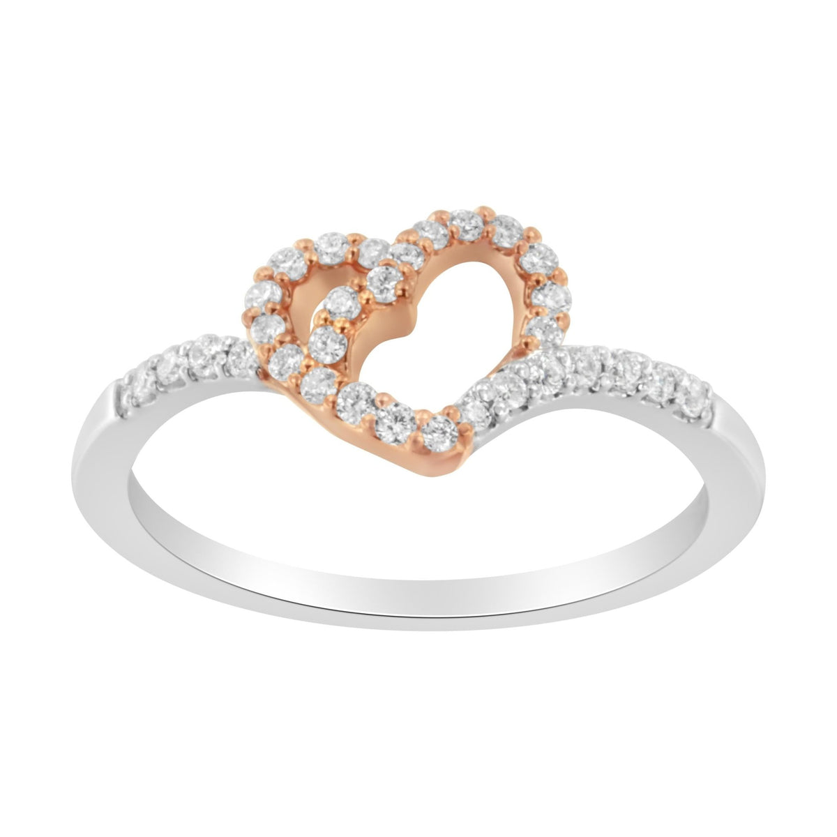 10K Rose Gold over .925 Sterling Silver 1/5 Cttw Diamond Two Tone Open Heart Promise or Fashion Ring (I-J Color, I2-I3 Clarity) - Size 6 - LinkagejewelrydesignLinkagejewelrydesign