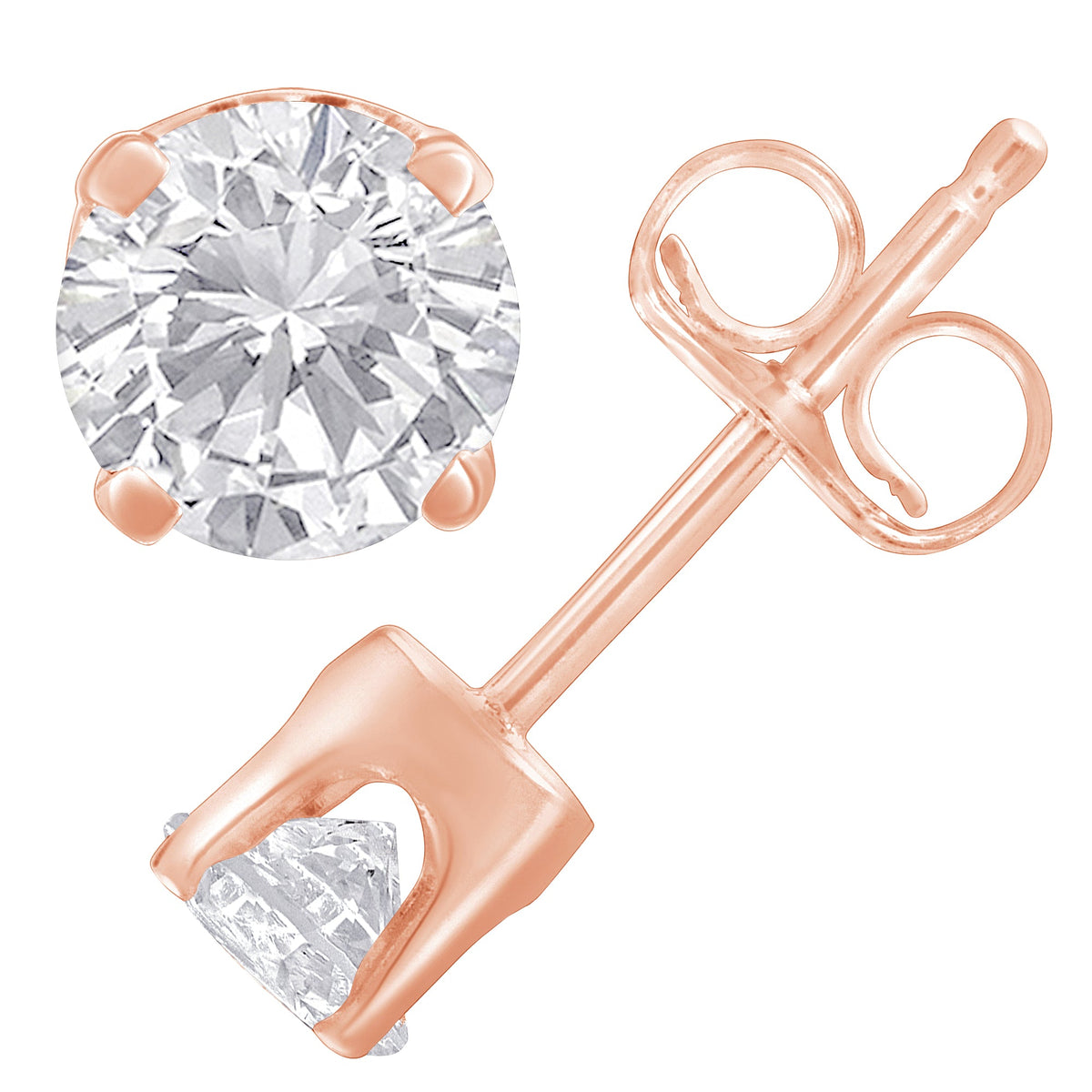 10K Rose Gold over .925 Sterling Silver 3/4 Cttw Round Brilliant-Cut Diamond Classic 4-Prong Stud Earrings (K-L Color, I2-I3 Clarity) - LinkagejewelrydesignLinkagejewelrydesign