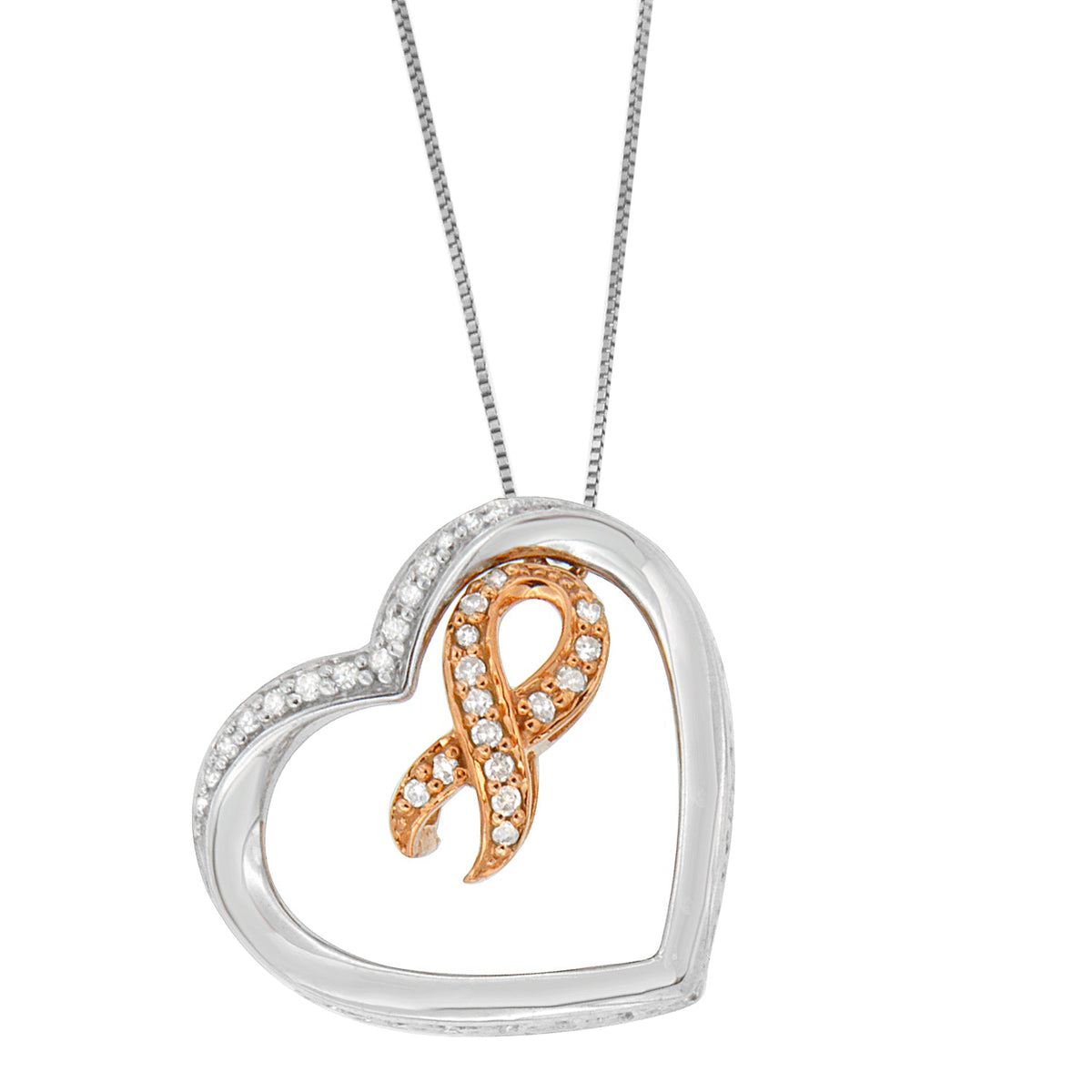 10K Rose Gold-Plated .925 Sterling Silver Heart-Shaped 1/6 cttw Round Diamond Heart and Ribbon Pendant Necklace (H-I, I1-I2) - LinkagejewelrydesignLinkagejewelrydesign