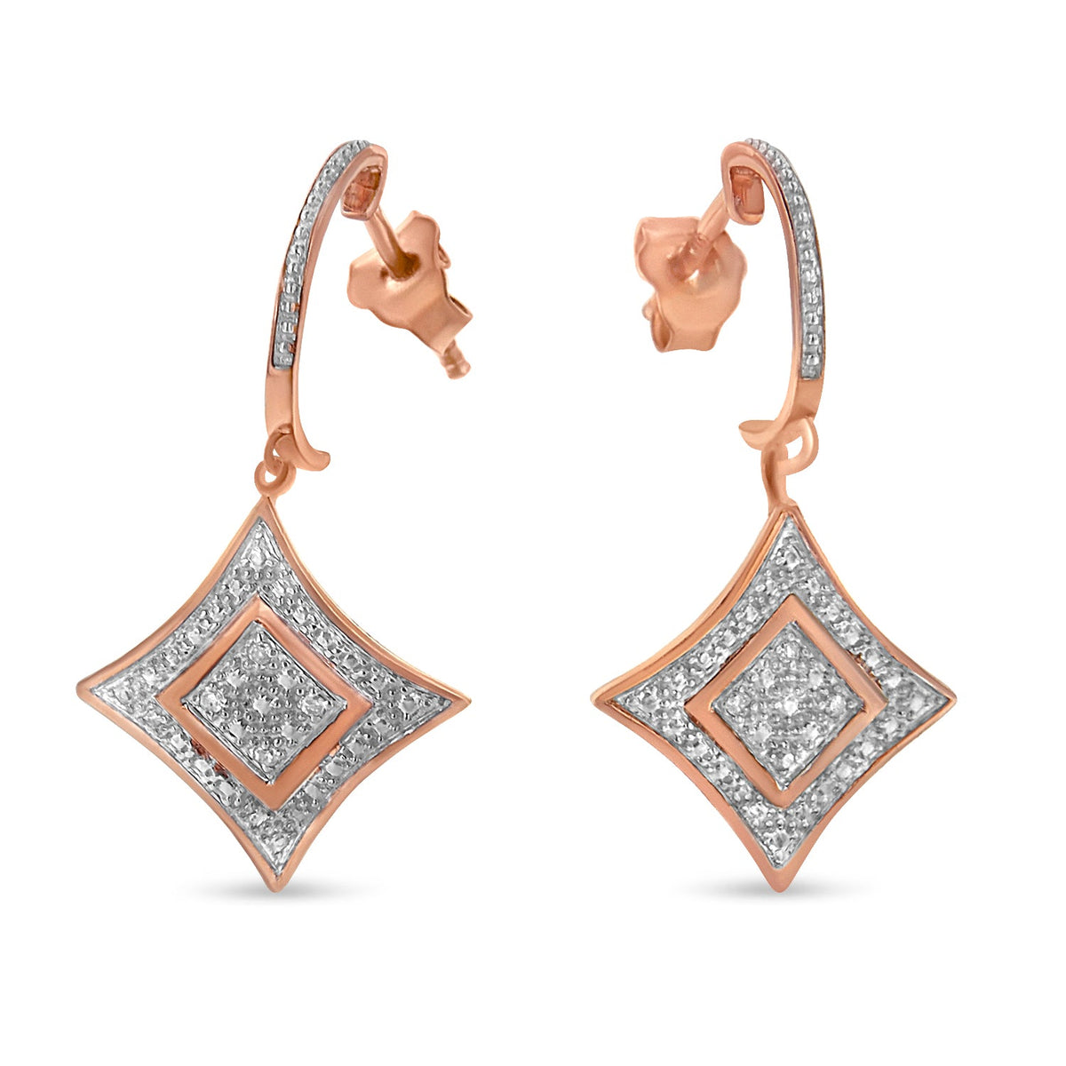 10K Rose Gold Plated Sterling Silver Round Cut Diamond Cushion Dangle Earrings (0.04 cttw, H-I Color, I2-I3 Clarity) - LinkagejewelrydesignLinkagejewelrydesign