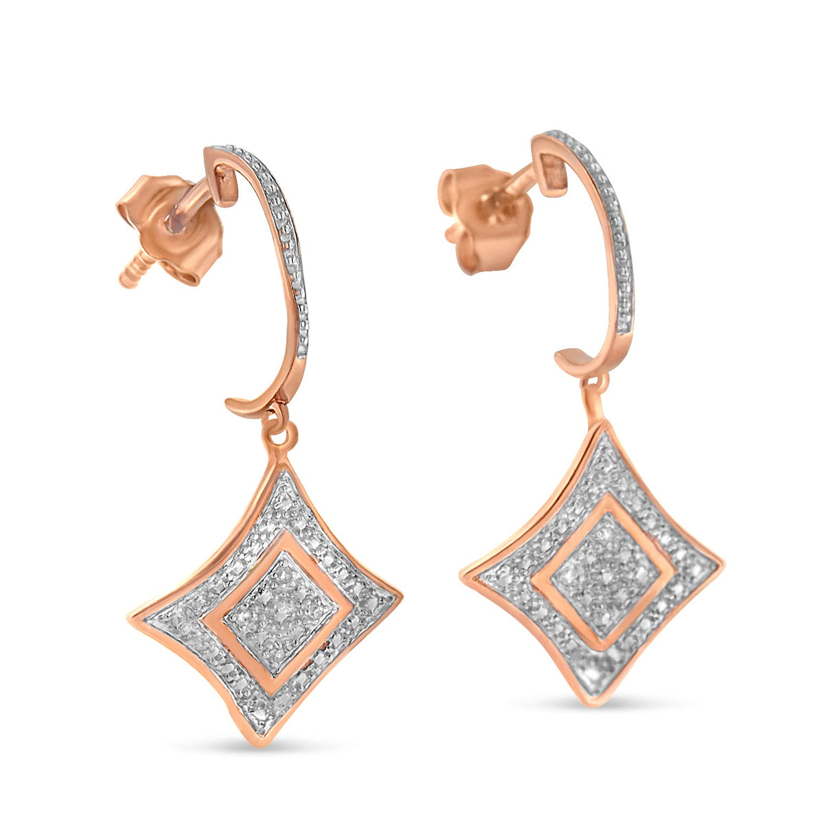 10K Rose Gold Plated Sterling Silver Round Cut Diamond Cushion Dangle Earrings (0.04 cttw, H-I Color, I2-I3 Clarity) - LinkagejewelrydesignLinkagejewelrydesign