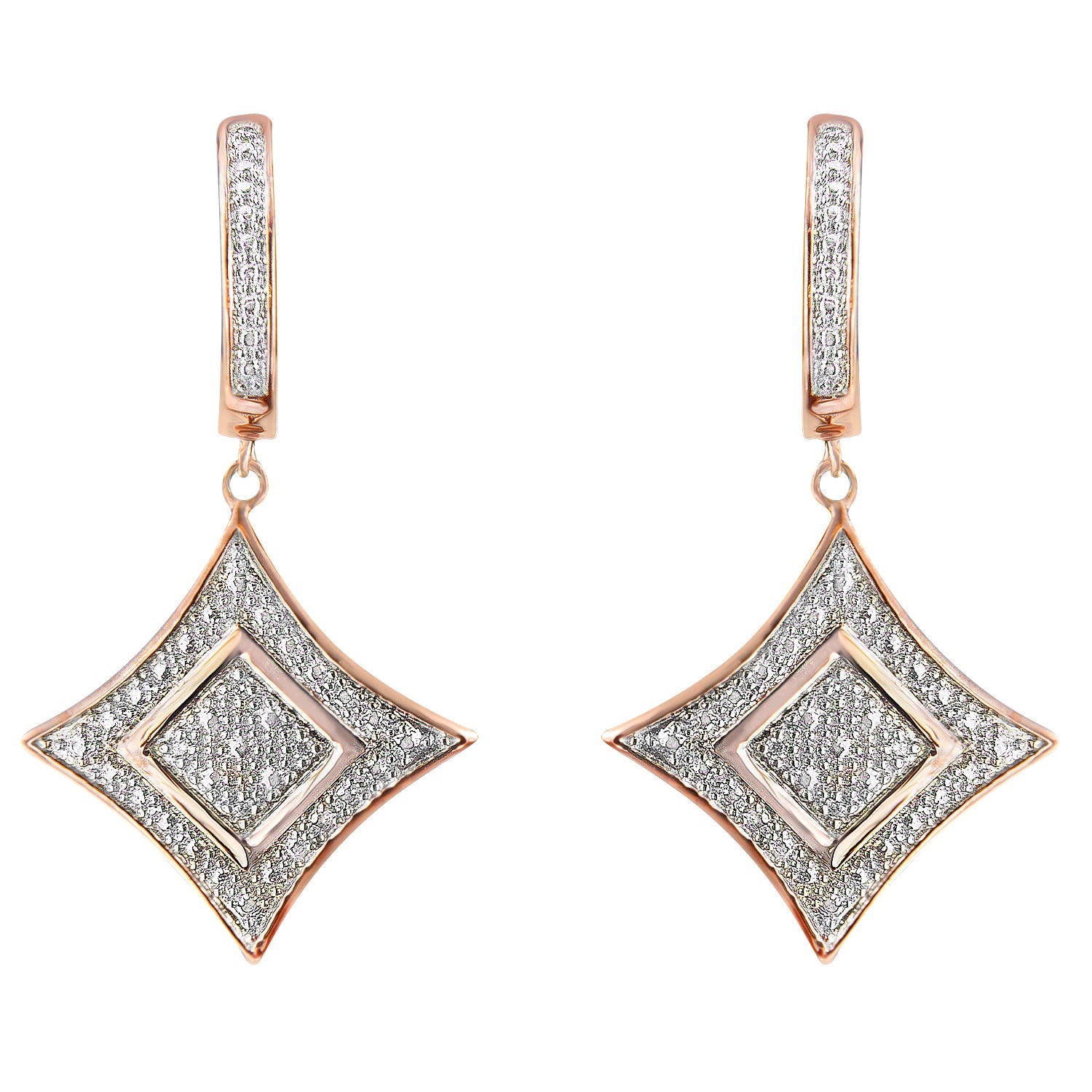 10K Rose Gold Plated Sterling Silver Round Cut Diamond Cushion Dangle Earrings (0.04 cttw, H-I Color, I2-I3 Clarity) - LinkagejewelrydesignLinkagejewelrydesign