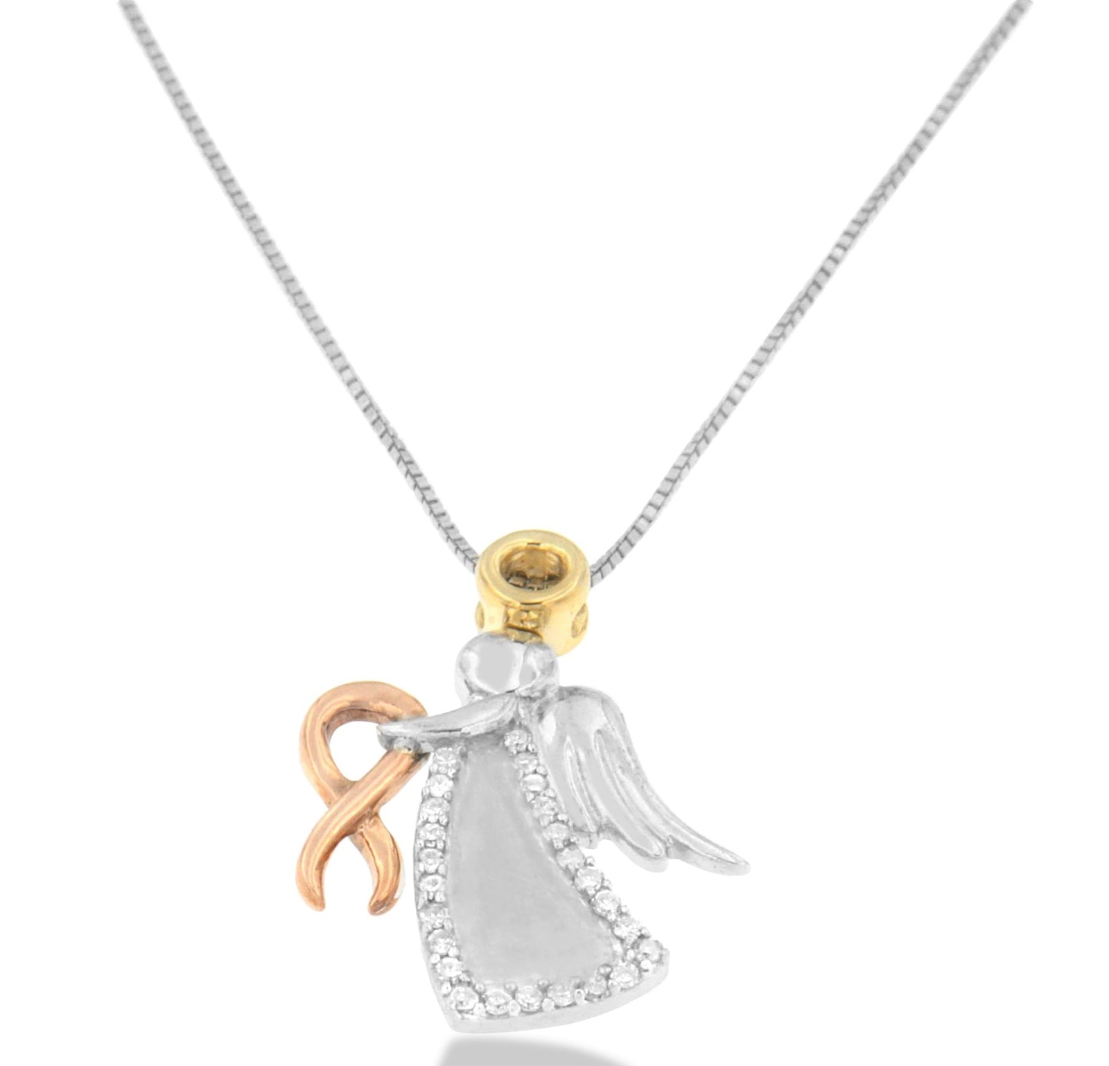 10K Tri-Color Gold Diamond-Accented Angel Awareness Ribbon Pendant Necklace (H-I Color, I1-I2 Clarity) - LinkagejewelrydesignLinkagejewelrydesign