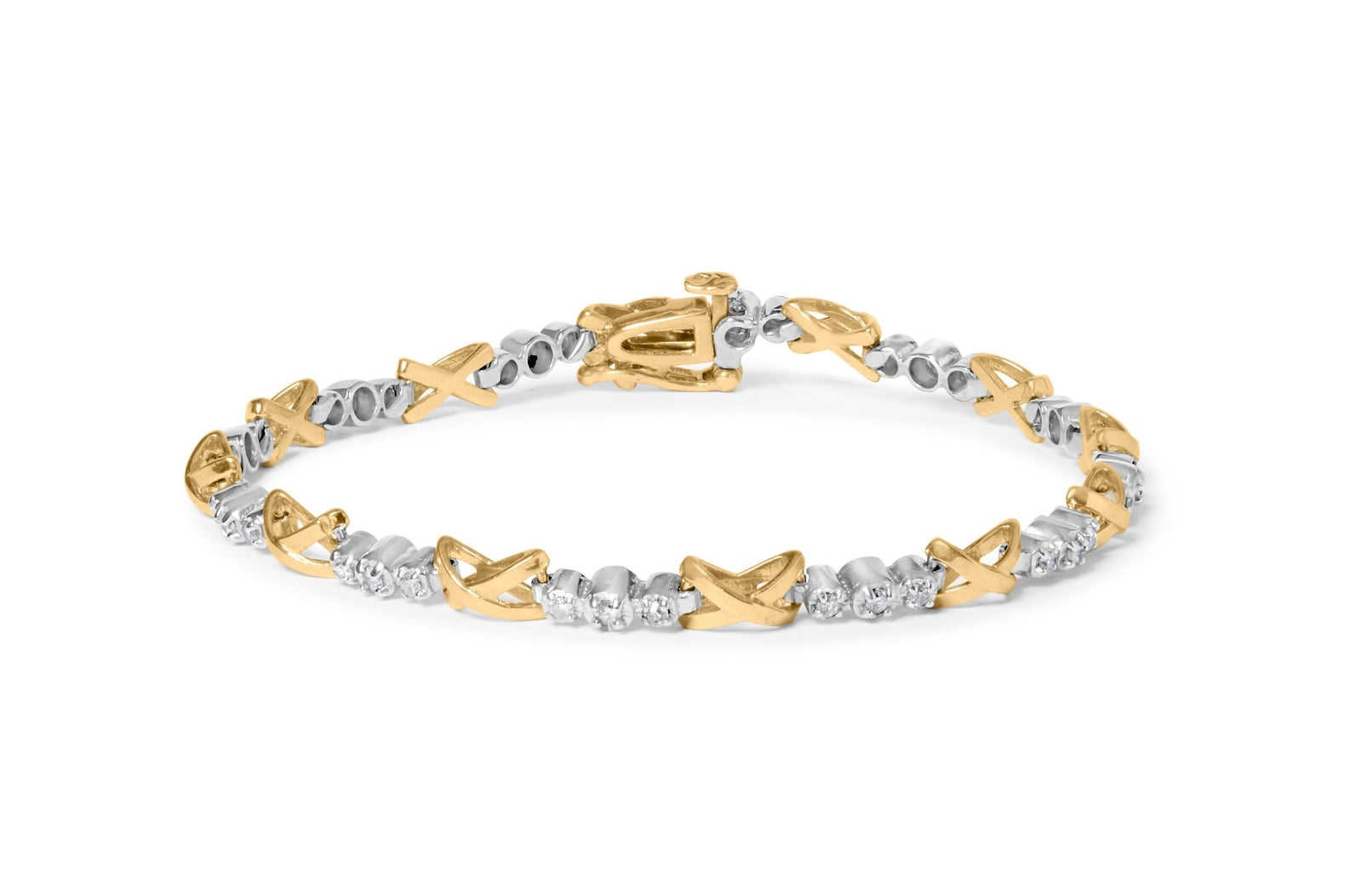 10K Two-Tone Gold 1/2 Cttw Diamond Alternating 3 Stone and X-Link 7" Bracelet (I-J Color, I2-I3 Clarity) - LinkagejewelrydesignLinkagejewelrydesign