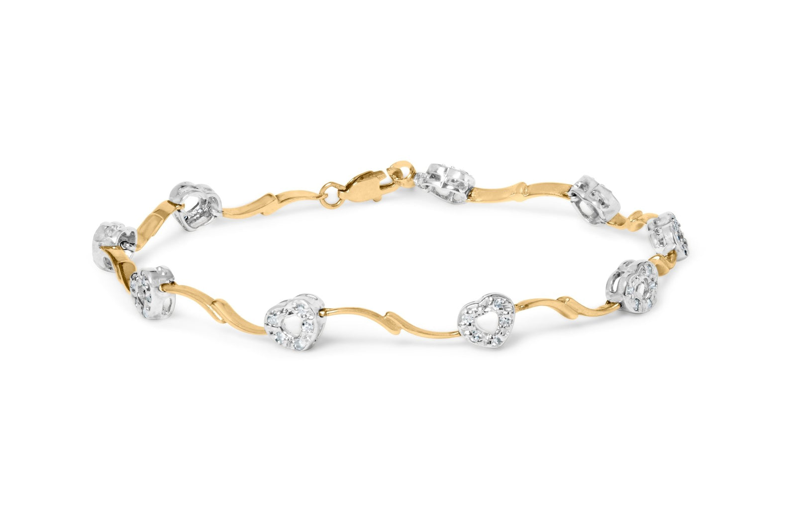 10k Two-Tone Gold 1/3 Cttw Diamond Pave Set Heart S-Link 7.25" Bracelet (I-J Color, I2-I3 Clarity) - LinkagejewelrydesignLinkagejewelrydesign
