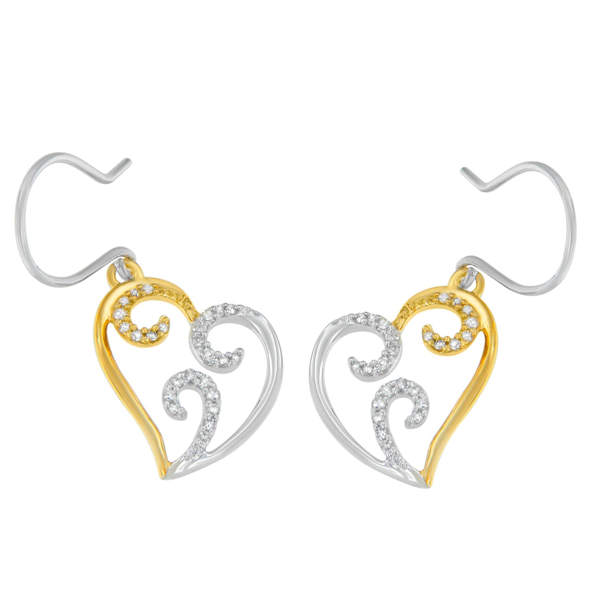 10K Two-tone Gold Round Diamond Heart Dangle Earrings (1/4 cttw, I-J Color, I2-I3 Clarity) - LinkagejewelrydesignLinkagejewelrydesign