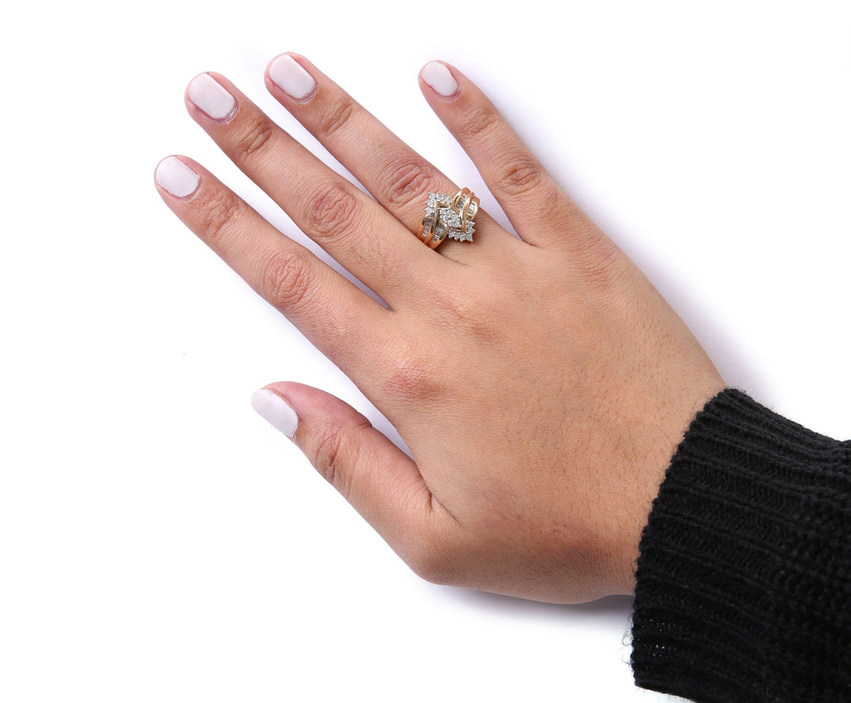 10K Two-Toned 1/2 Cttw Round And Baguette-Cut Composite Pear Head Diamond Ring (H-I Color, I2-I3 Clarity) - Ring Size 7 - LinkagejewelrydesignLinkagejewelrydesign