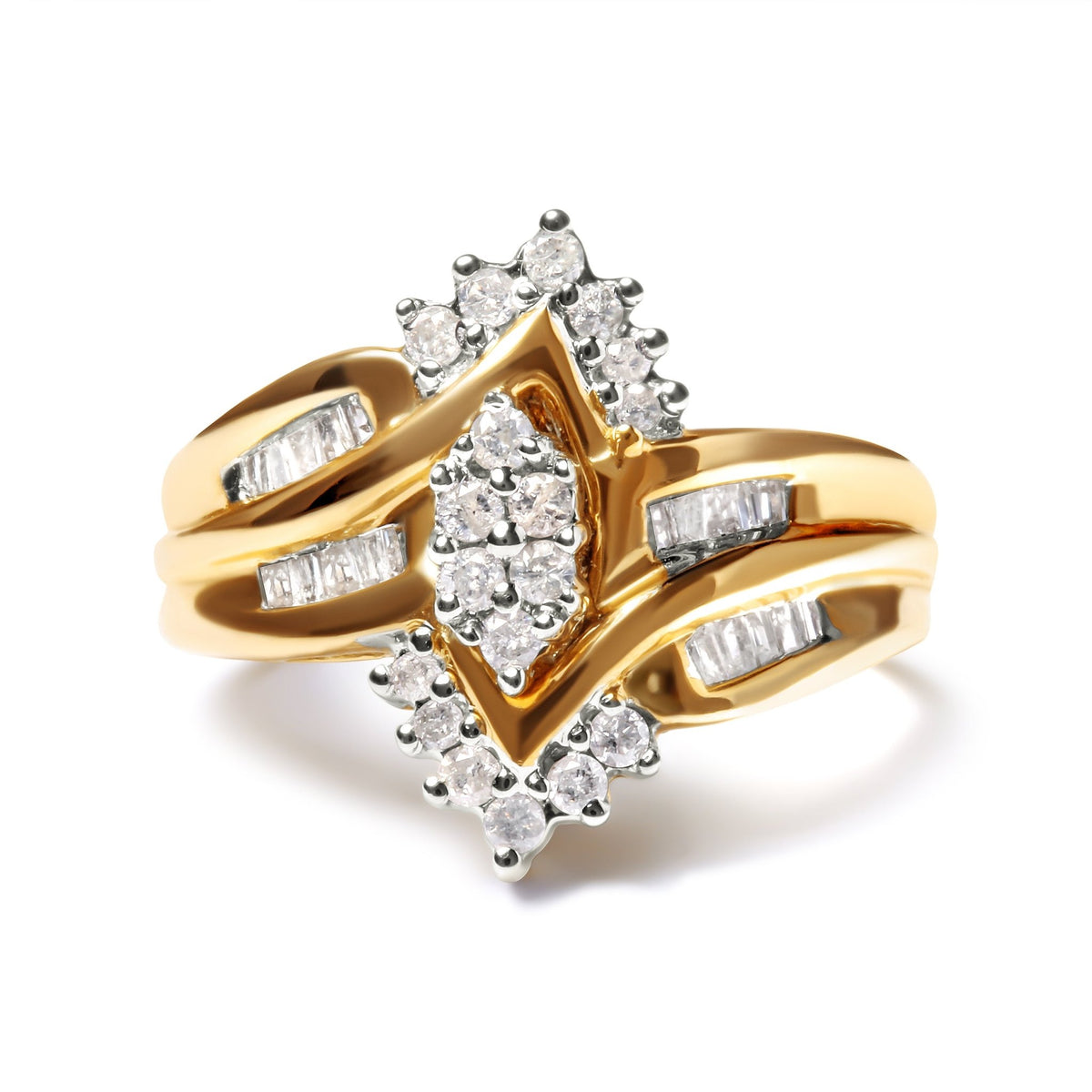 10K Two-Toned 1/2 Cttw Round And Baguette-Cut Composite Pear Head Diamond Ring (H-I Color, I2-I3 Clarity) - Ring Size 7 - LinkagejewelrydesignLinkagejewelrydesign