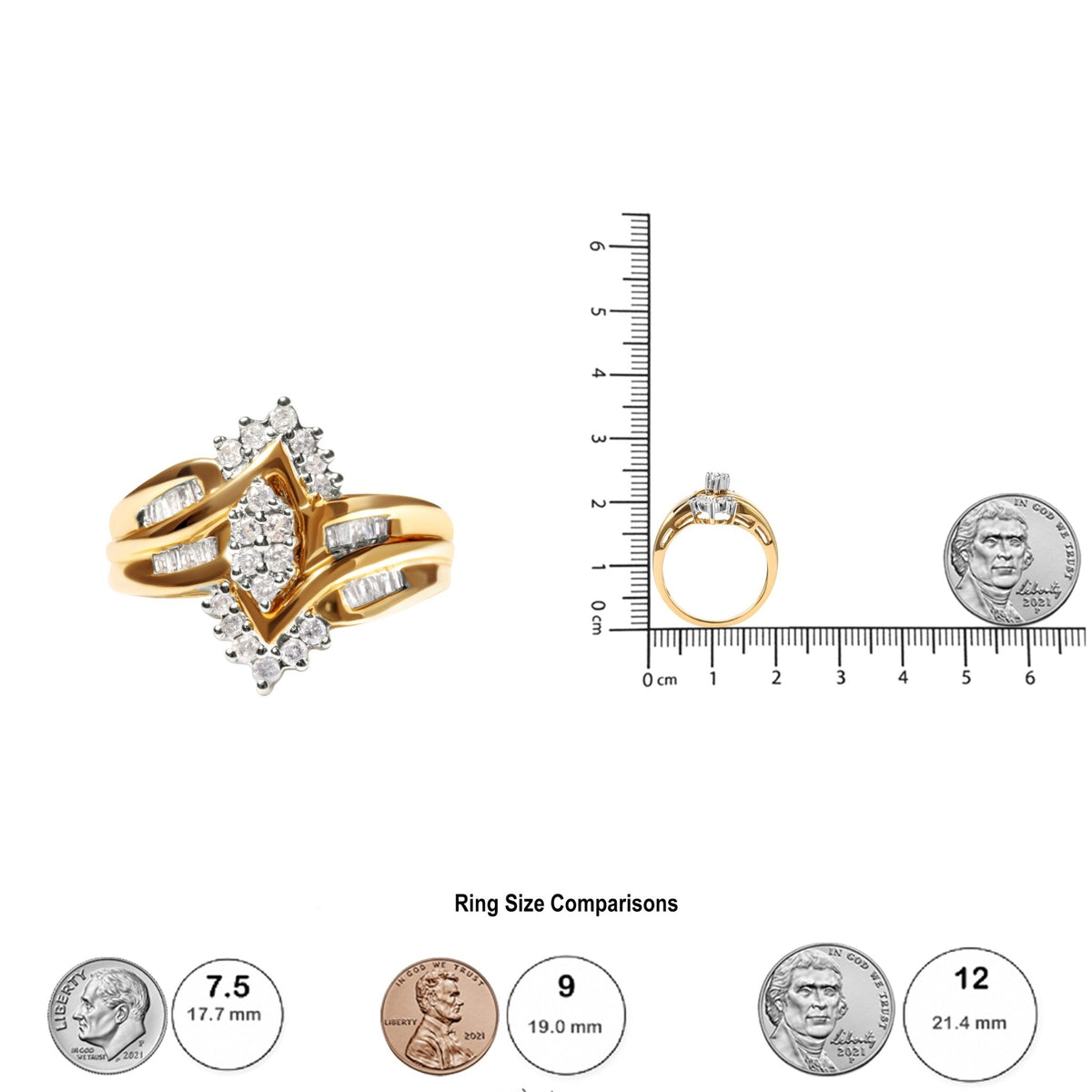 10K Two-Toned 1/2 Cttw Round And Baguette-Cut Composite Pear Head Diamond Ring (H-I Color, I2-I3 Clarity) - Ring Size 7 - LinkagejewelrydesignLinkagejewelrydesign