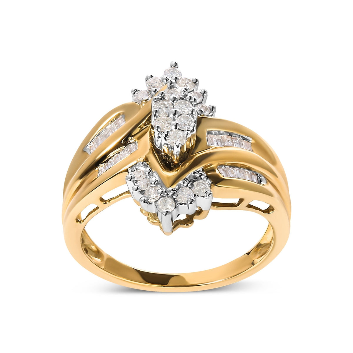 10K Two-Toned 1/2 Cttw Round And Baguette-Cut Composite Pear Head Diamond Ring (H-I Color, I2-I3 Clarity) - Ring Size 7 - LinkagejewelrydesignLinkagejewelrydesign
