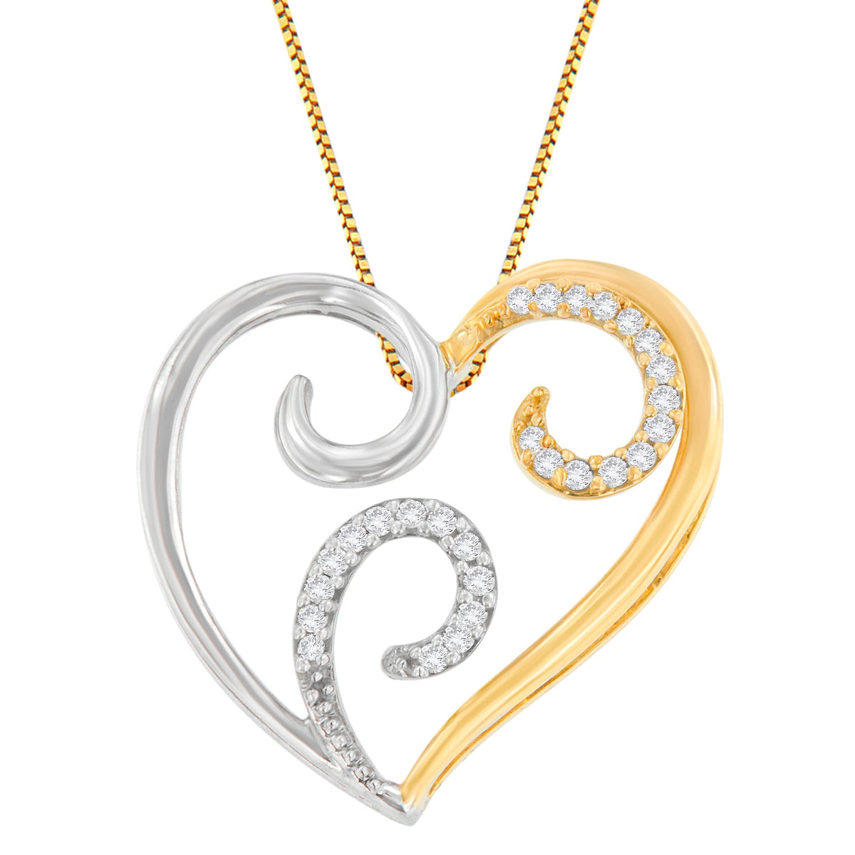 10K Two-Toned Gold 1/10 cttw Round Cut Diamond Swirl Heart Accent Pendant Necklace (H-I, I1-I2) - LinkagejewelrydesignLinkagejewelrydesign