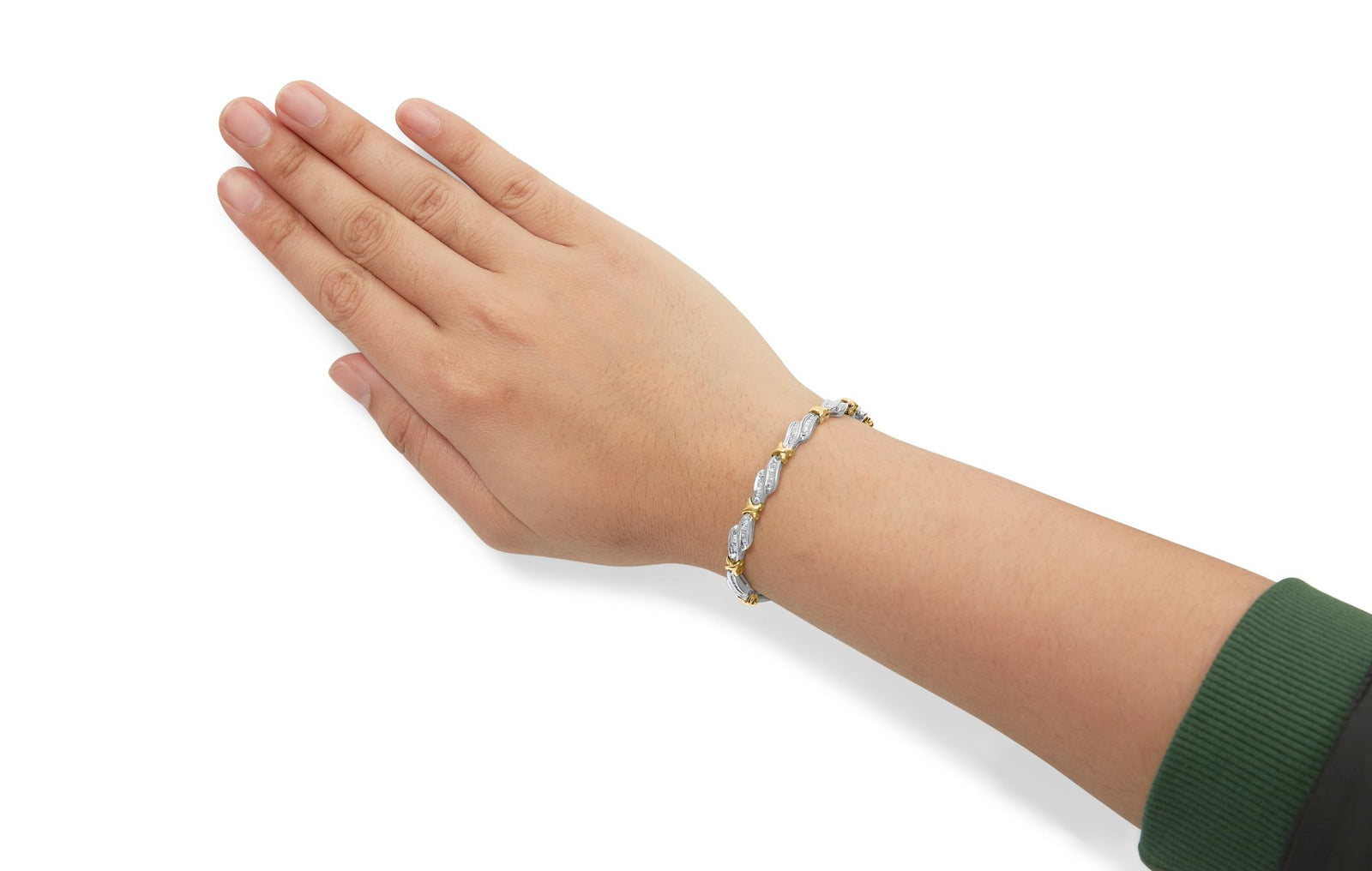 10k Two-Toned Gold 2.00 Cttw Channel Set Baguette-Diamond Weave and "X" Spiral Link Bracelet (H-I Color, I1-I2 Clarity) - 7" - LinkagejewelrydesignLinkagejewelrydesign