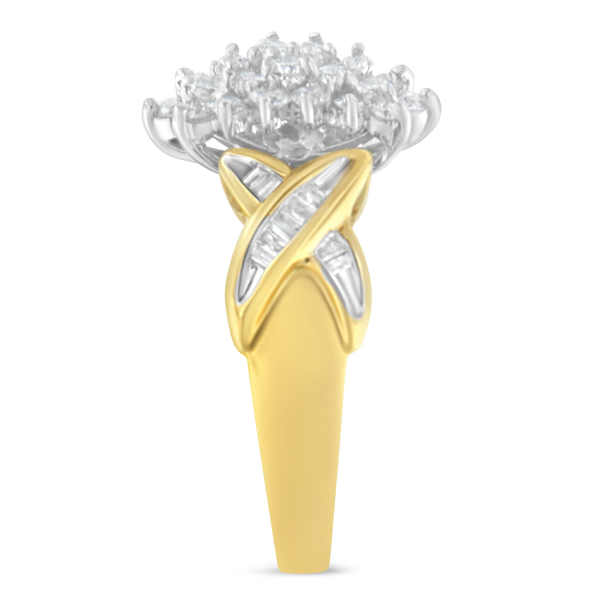 10K Two-Toned Gold Round Baguette Diamond Cluster Ring (1/2 Cttw, I-J Color, I2-I3 Clarity) - Size 6-1/2 - LinkagejewelrydesignLinkagejewelrydesign