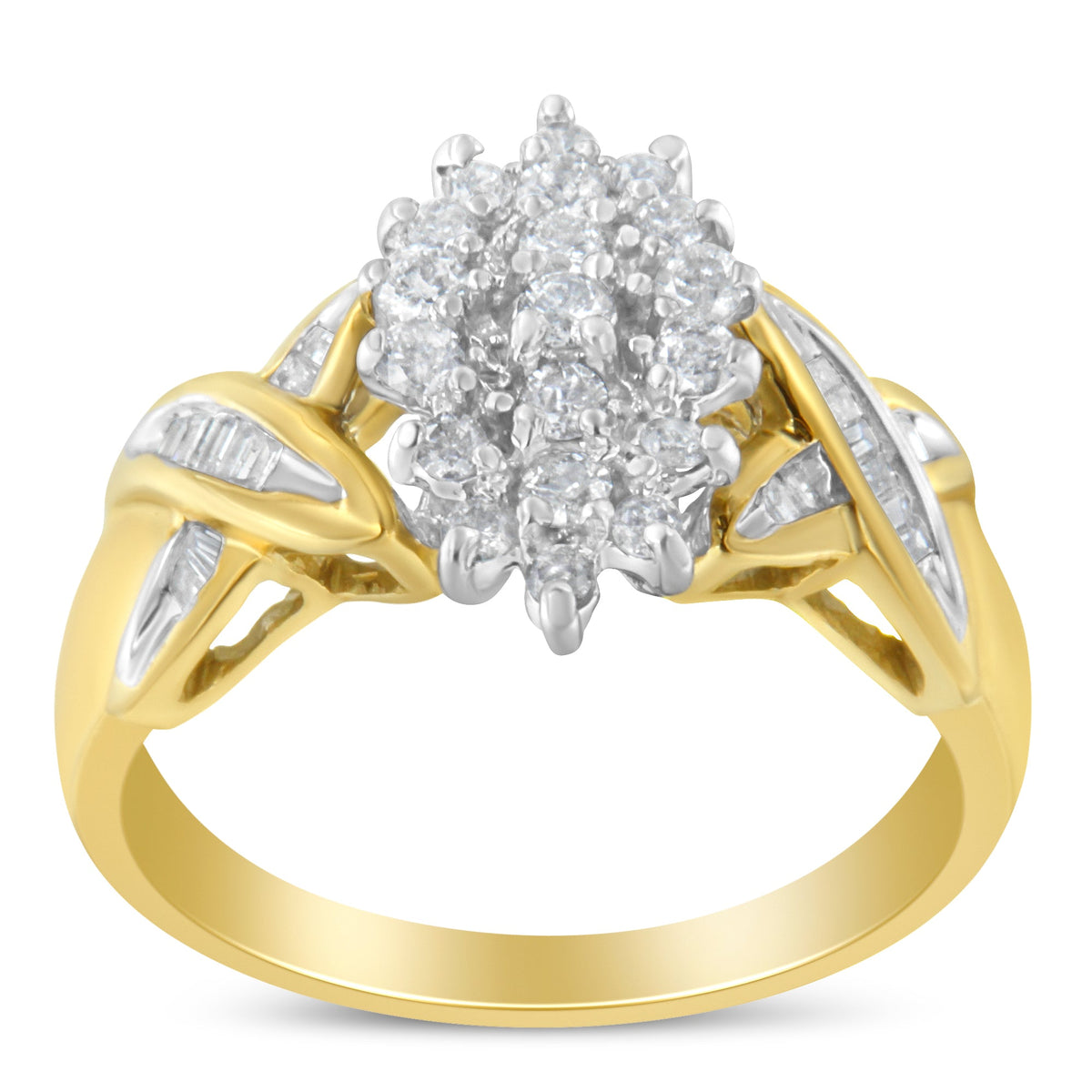 10K Two-Toned Gold Round Baguette Diamond Cluster Ring (1/2 Cttw, I-J Color, I2-I3 Clarity) - Size 6-1/2 - LinkagejewelrydesignLinkagejewelrydesign