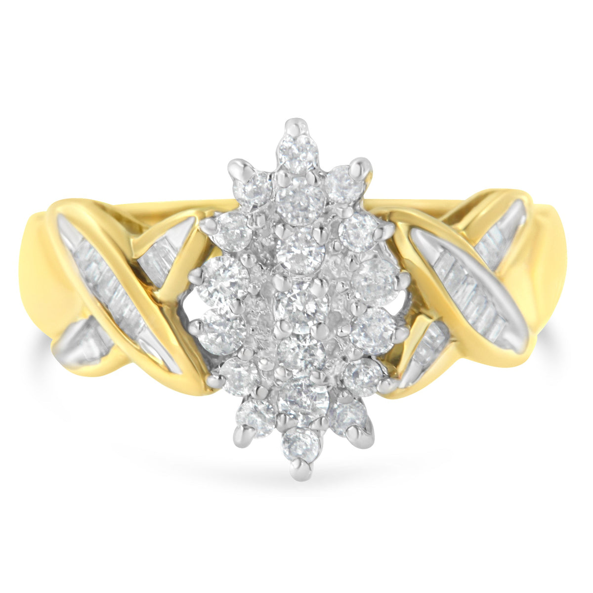10K Two-Toned Gold Round Baguette Diamond Cluster Ring (1/2 Cttw, I-J Color, I2-I3 Clarity) - Size 6-1/2 - LinkagejewelrydesignLinkagejewelrydesign