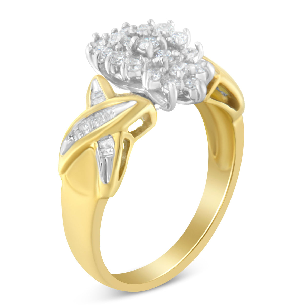 10K Two-Toned Gold Round Baguette Diamond Cluster Ring (1/2 Cttw, I-J Color, I2-I3 Clarity) - Size 6-1/2 - LinkagejewelrydesignLinkagejewelrydesign