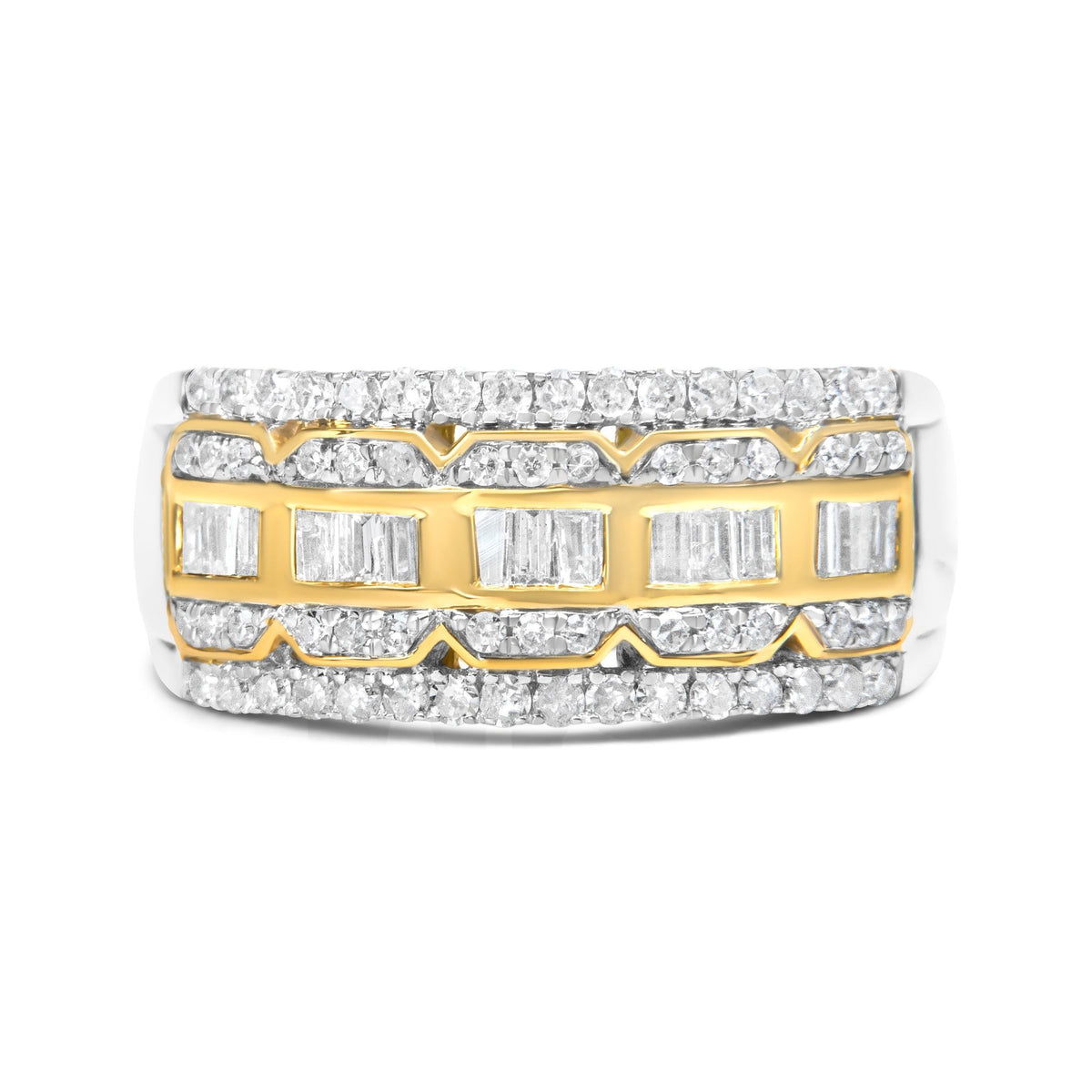 10K White and Yellow Gold 1.00 Cttw Baguette and Round cut Diamond Art Deco Multi-Row Ring Band (I-J Color, I1-I2 Clarity) - Ring Size 7 - LinkagejewelrydesignLinkagejewelrydesign